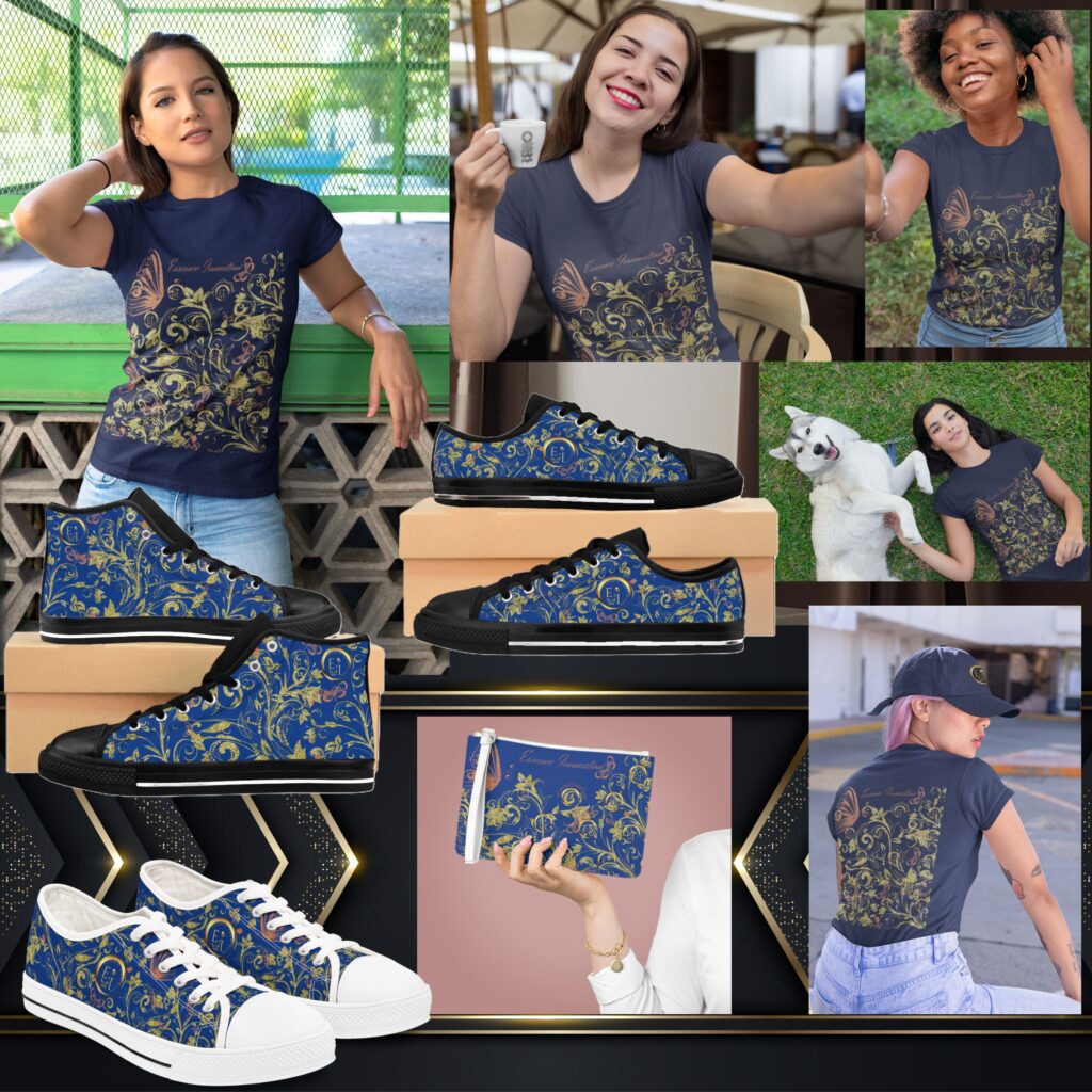 About Essence Innovation lifestyle collage featuring women wearing botanical graphic tees, floral print sneakers, matching hats, and handbags.