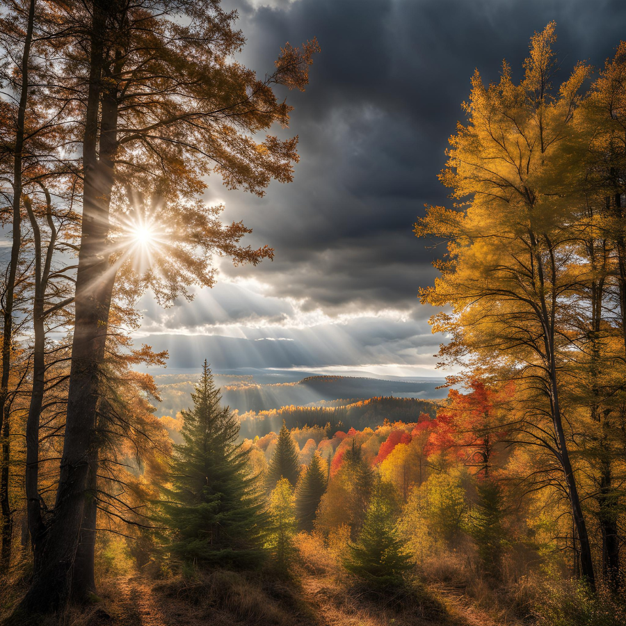 Sunbeams through autumn trees over rolling hills — nature-inspired backdrop for connecting with Essence Innovation