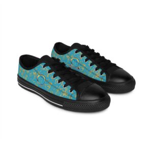 Bohemian Butterfly Lowtops XV in turquoise canvas with black sole, showcasing the golden Butterfly Heart motif—crafted for artistic, grounded self-expression.