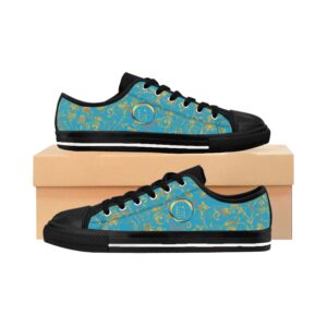 Bohemian Butterfly Lowtops XV in turquoise canvas with black sole, showcasing the golden Butterfly Heart motif—crafted for artistic, grounded self-expression.