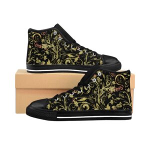 Bohemian Butterfly Hightops VII in all-black canvas with black sole, featuring the golden Butterfly Heart motif—designed for bold, expressive style.