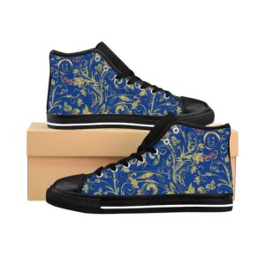 Bohemian Butterfly Hightops XIII in deep blue canvas with black sole and tongue, featuring a golden Butterfly Heart motif—designed for expressive, feminine creativity.