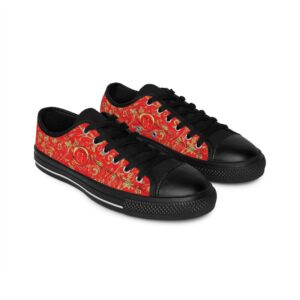 Bohemian Butterfly Lowtops IX in bold red canvas with black sole, showcasing the golden Butterfly Heart motif—crafted for confident, creative expression.
