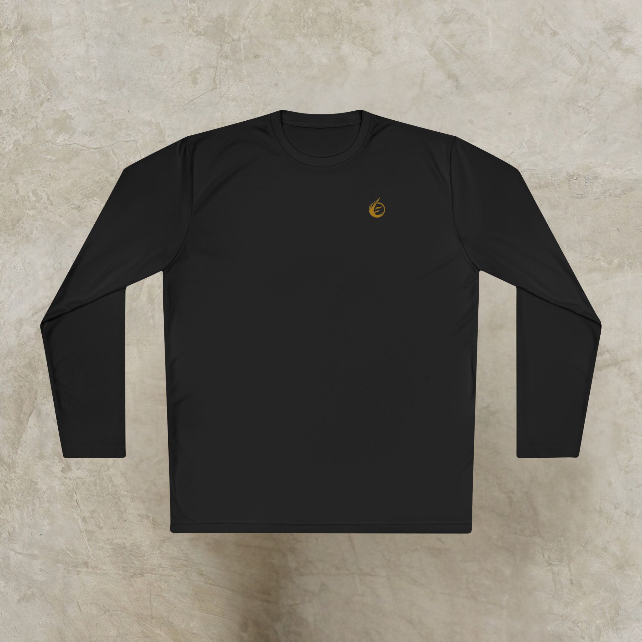 10863314041504993869_2048_customjpeg - Essence Innovation Black long-sleeve shirt with a small gold circular logo on the left chest area.