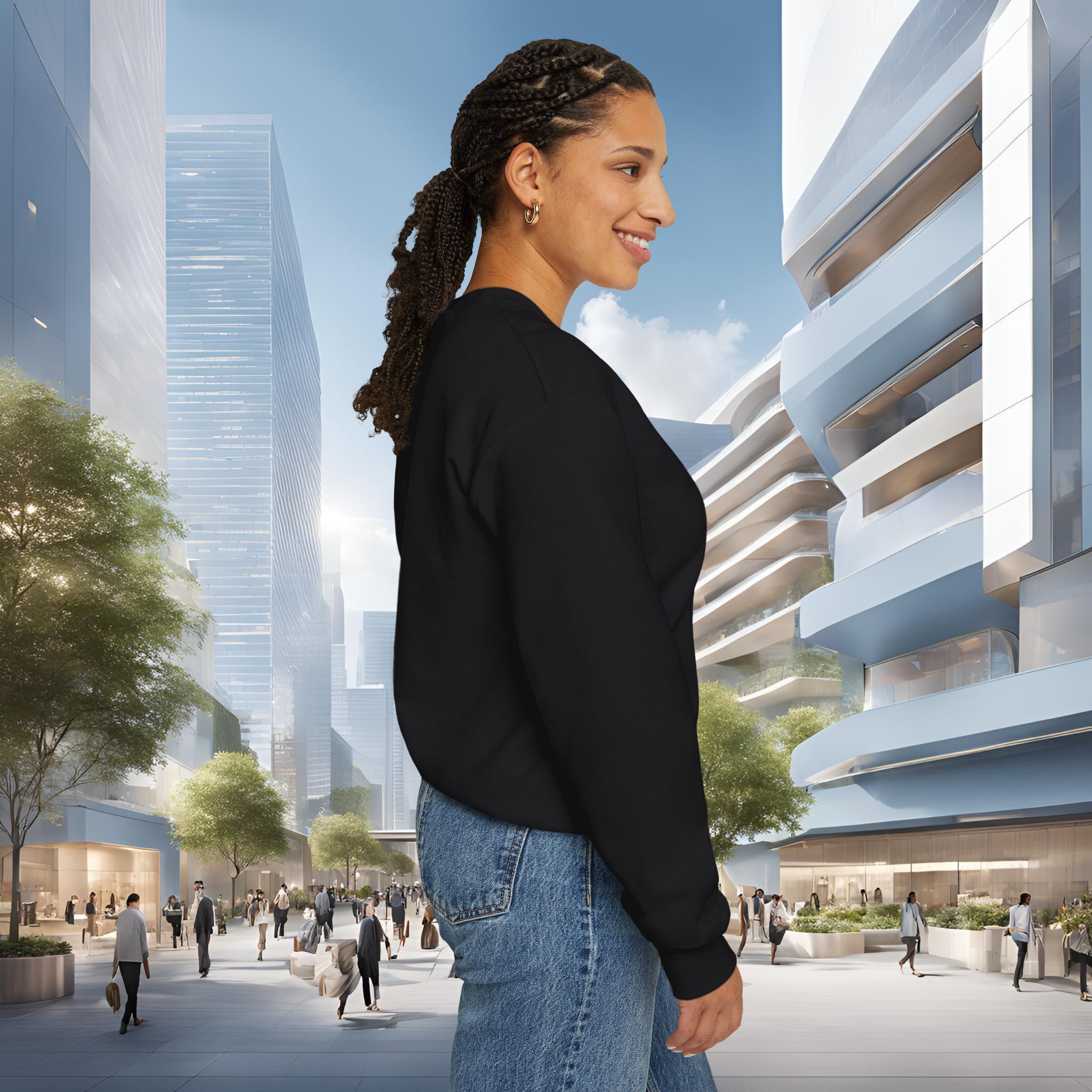 11832350414604103953_2048_customjpeg - Essence Innovation Side-profile of a woman with braided hair in a black top and jeans, standing in a modern glass-building plaza with people in the background.
