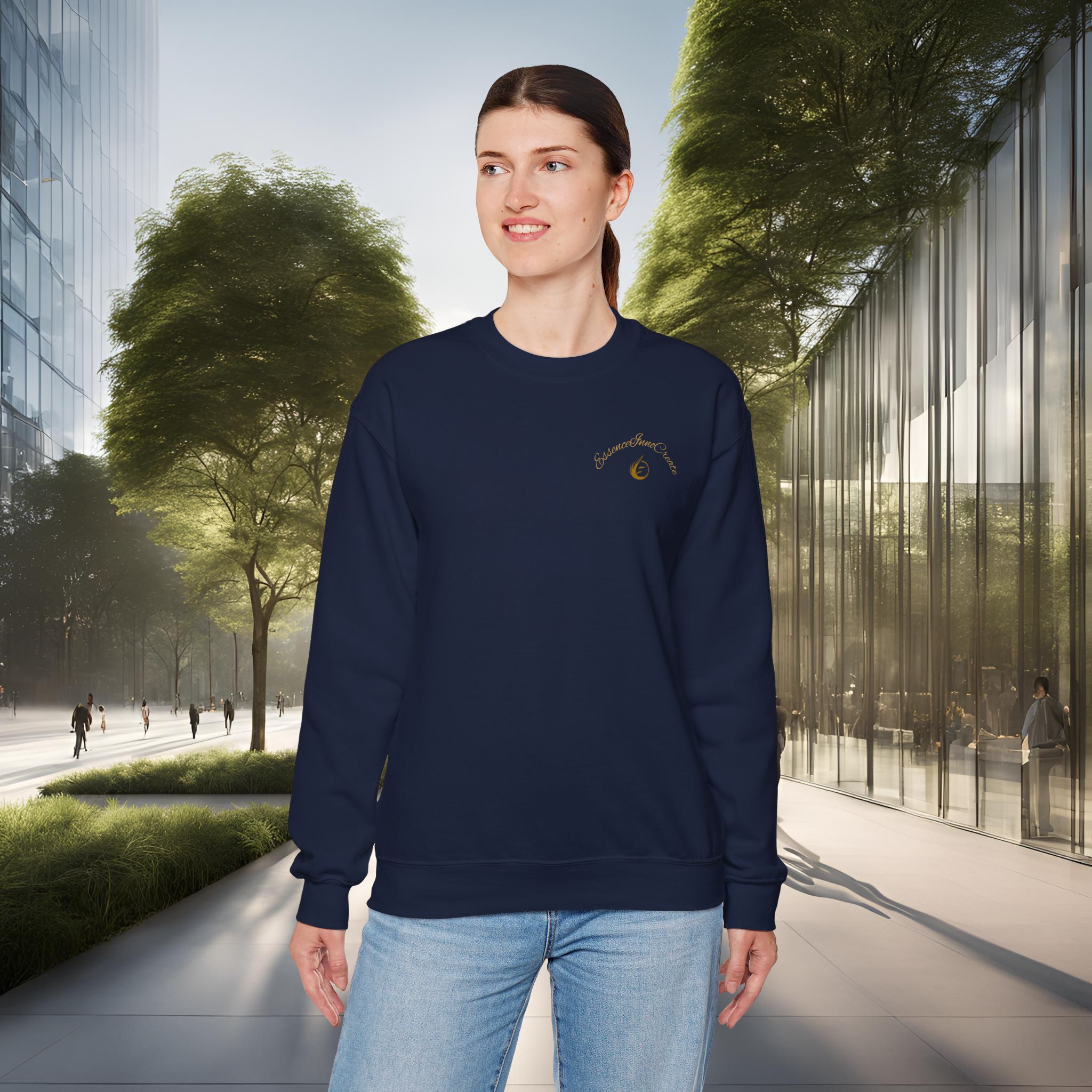 11937760358727104402_2048_customjpeg - Essence Innovation Portrait of a woman wearing a navy sweatshirt standing in a modern outdoor urban plaza with glass buildings and trees behind her, daytime