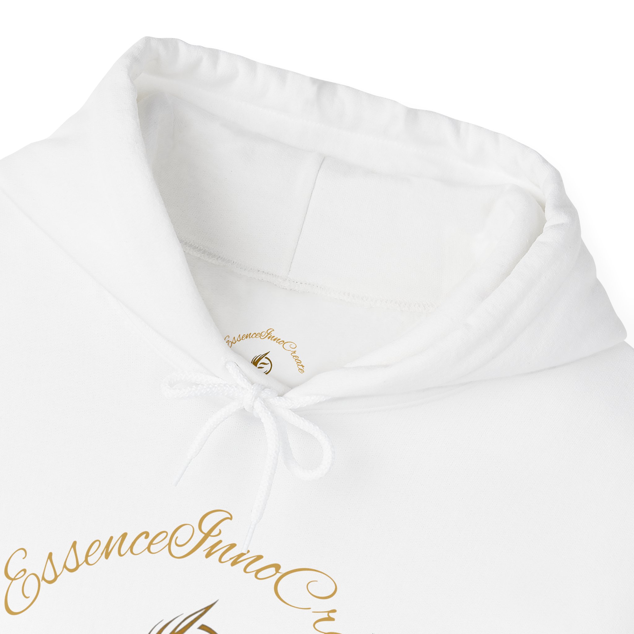 13115338368180601961_2048jpeg - Essence Innovation Close-up of a white hoodie with drawstrings and a gold cursive logo on the chest area.