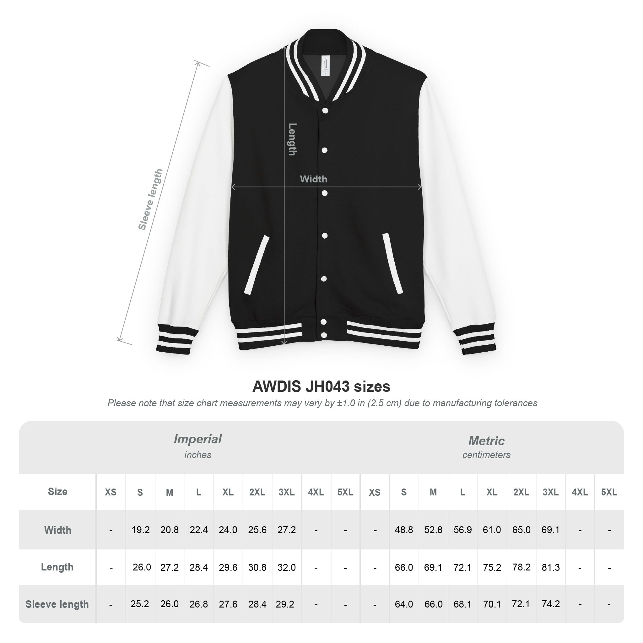 13265764100080830734_2048jpeg - Essence Innovation Black varsity jacket with white sleeves and striped collar, shown with measurement guides (length, width, sleeve length) overlaid for sizing.