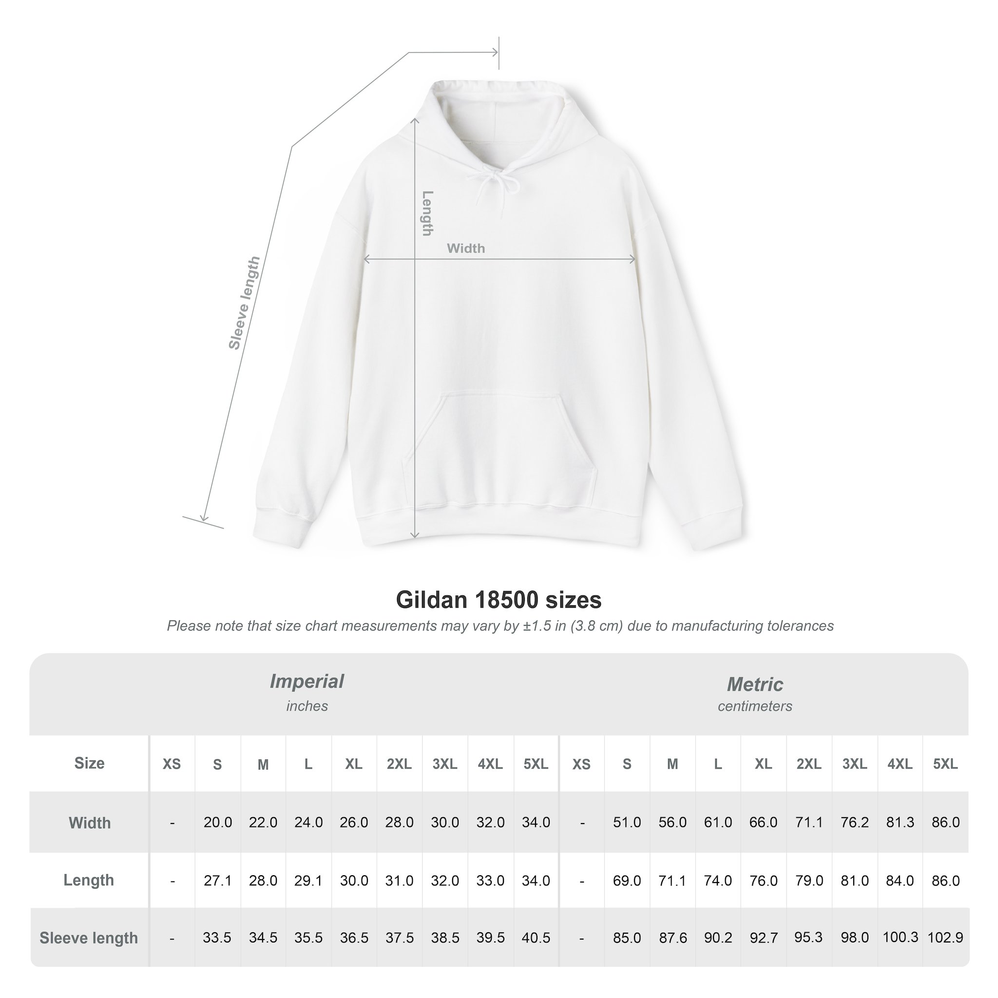 1376106141249698425_2048jpeg - Essence Innovation White hoodie with measurement arrows showing Length, Width, and Sleeve Length for a size chart (Gildan 18500).
