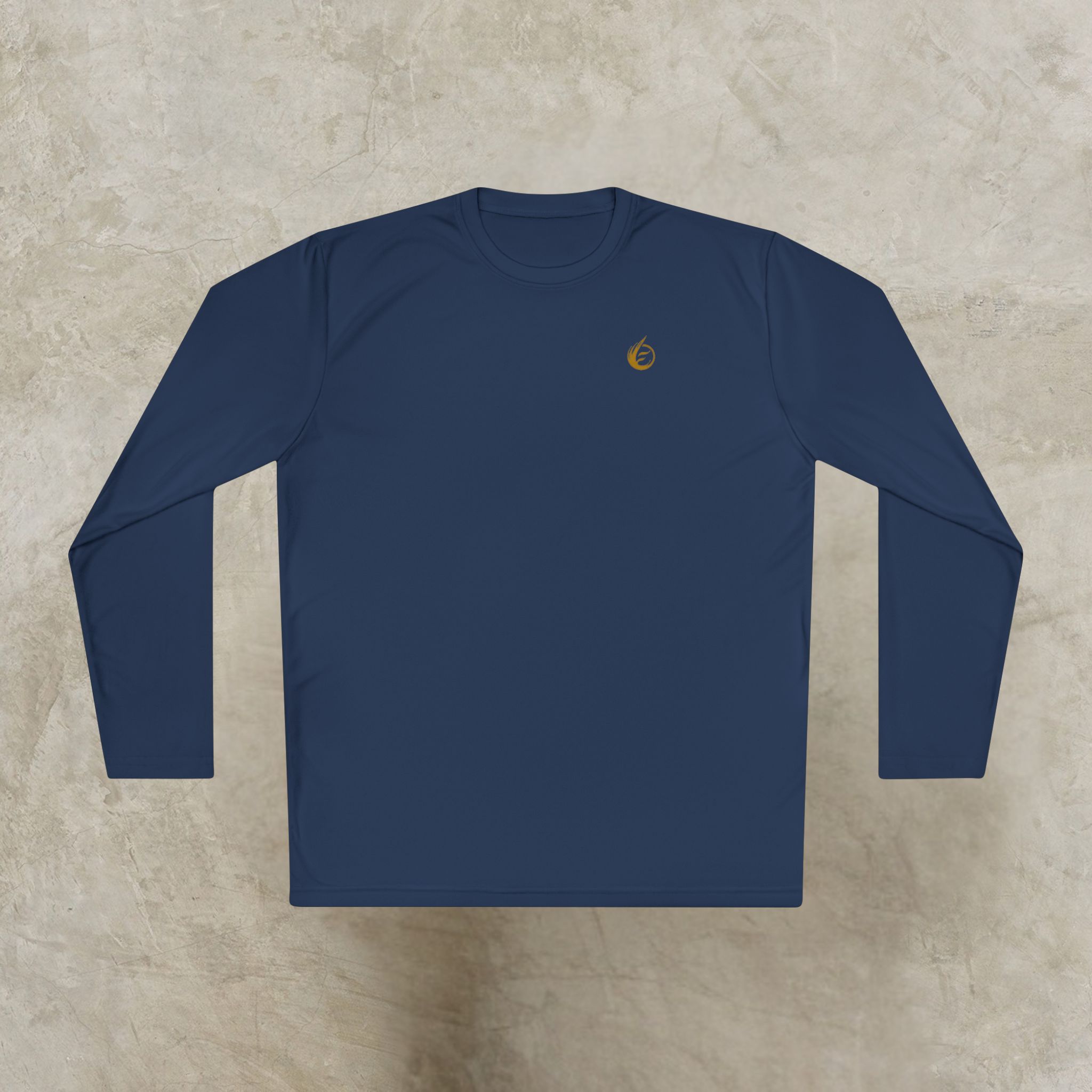 14358300642548118523_2048_customjpeg - Essence Innovation Navy long-sleeve shirt laid flat on a textured light background with a small gold circular logo on the left chest area.