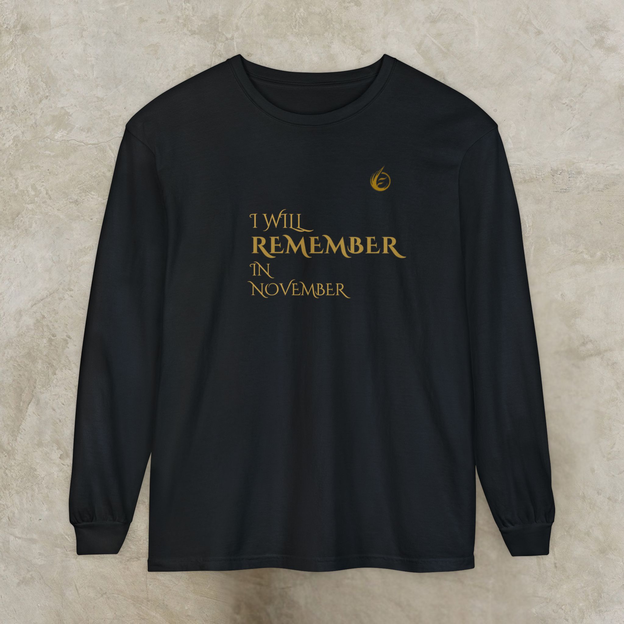 14535016284865878977_2048_customjpeg - Essence Innovation Black crewneck sweatshirt featuring gold text reading 'I WILL REMEMBER IN NOVEMBER' and a small gold emblem on the chest evaluate