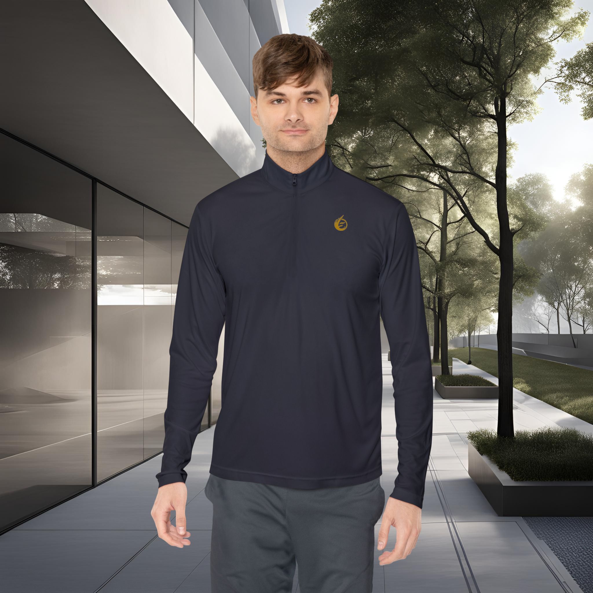 14758494394745700549_2048_customjpeg - Essence Innovation Man wearing a navy zip-up jacket stands outdoors beside a modern glass building and trees in the background.