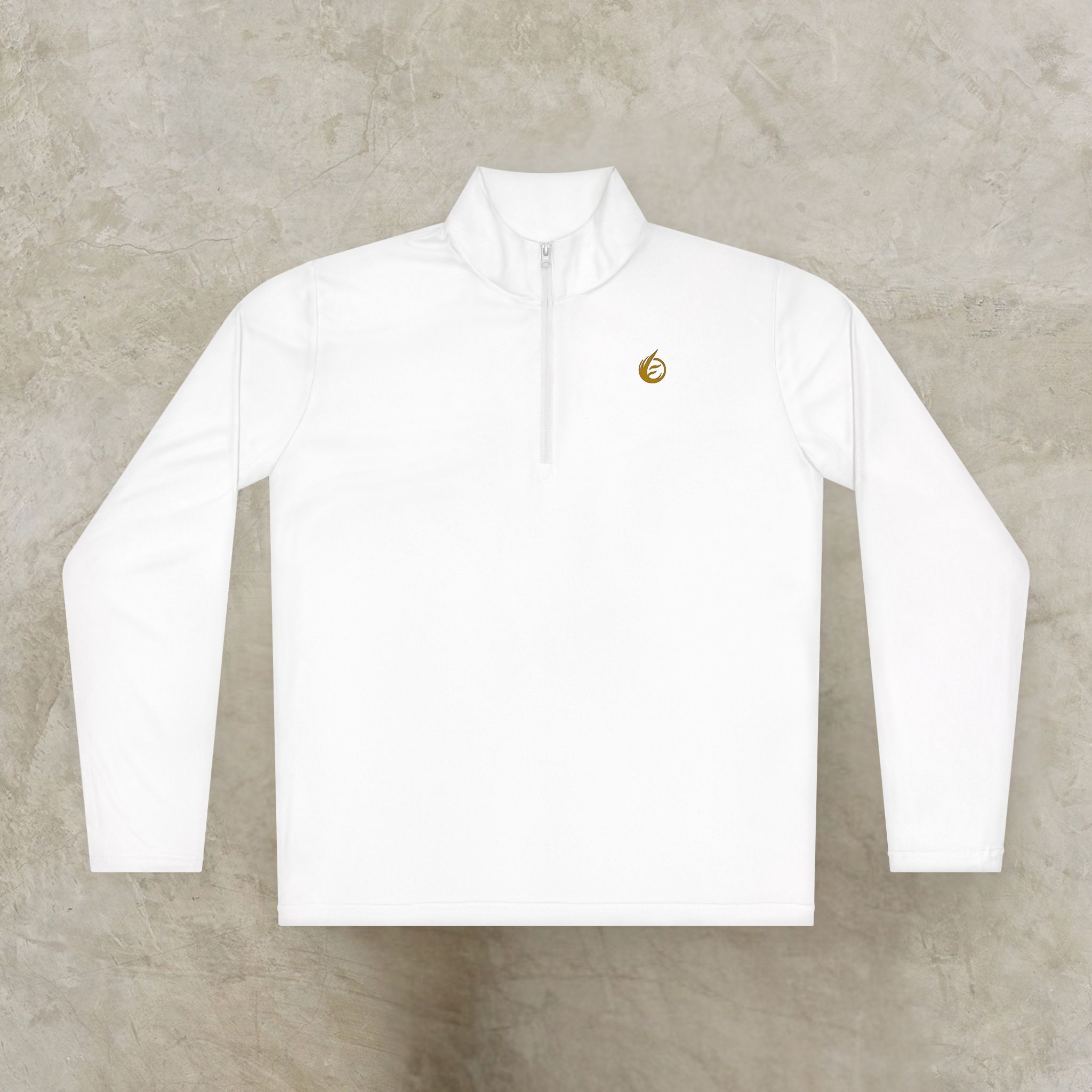 15307948077823953401_2048_customjpeg - Essence Innovation White zip-up jacket laid flat on a concrete floor, small gold emblem on the left chest area
