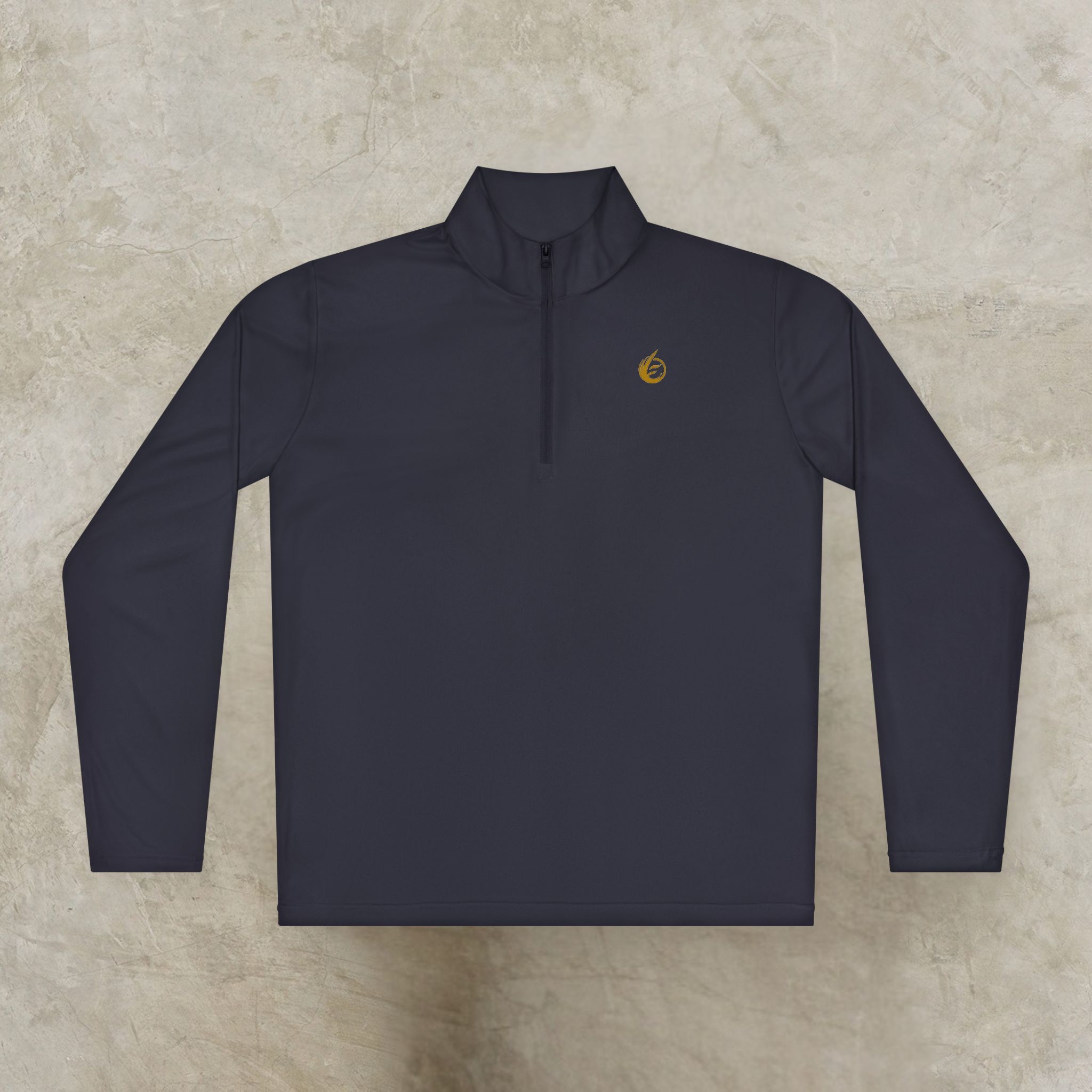 15697197257209806575_2048_customjpeg - Essence Innovation Dark navy quarter-zip pullover with a small gold logo on the chest, laid flat on a concrete surface
