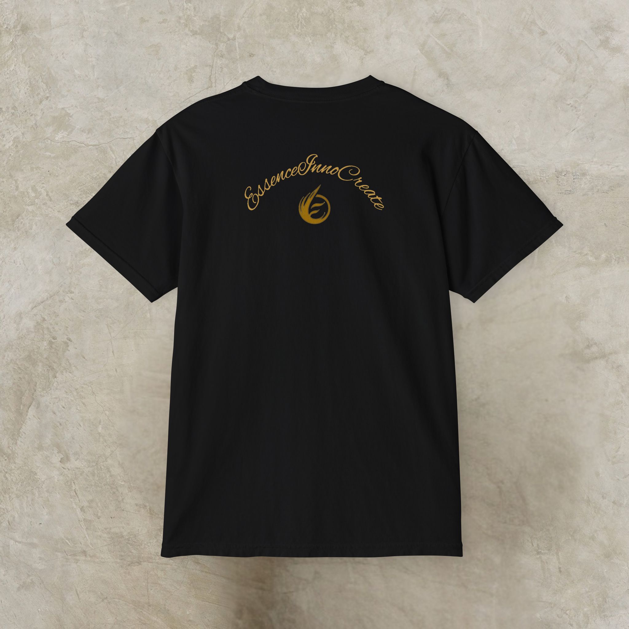 16227988731899382434_2048_customjpeg - Essence Innovation Black T-shirt shown from the back with a gold curved script logo and flame emblem on the upper back area.
