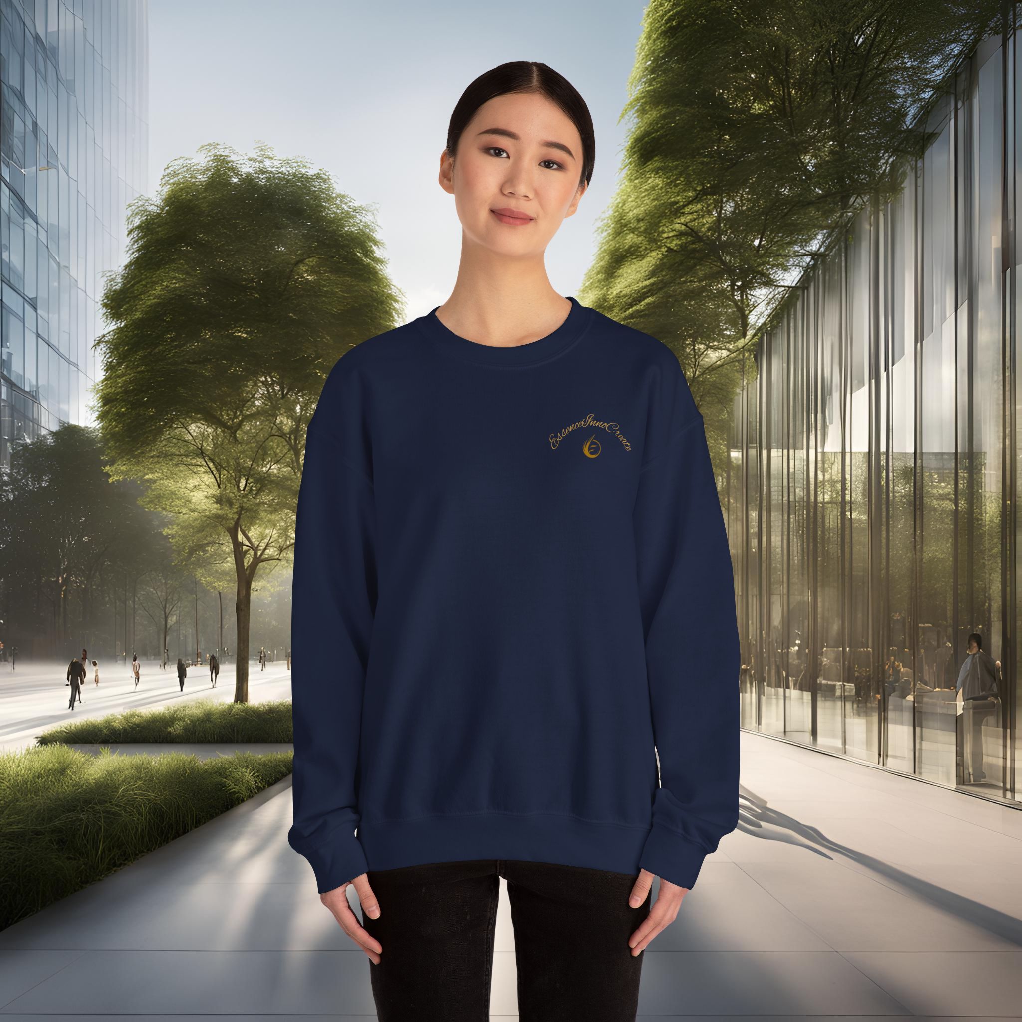 17058165161592643138_2048_customjpeg - Essence Innovation Portrait of a person in a navy sweatshirt standing outdoors in a city setting with glass buildings and trees in the background.