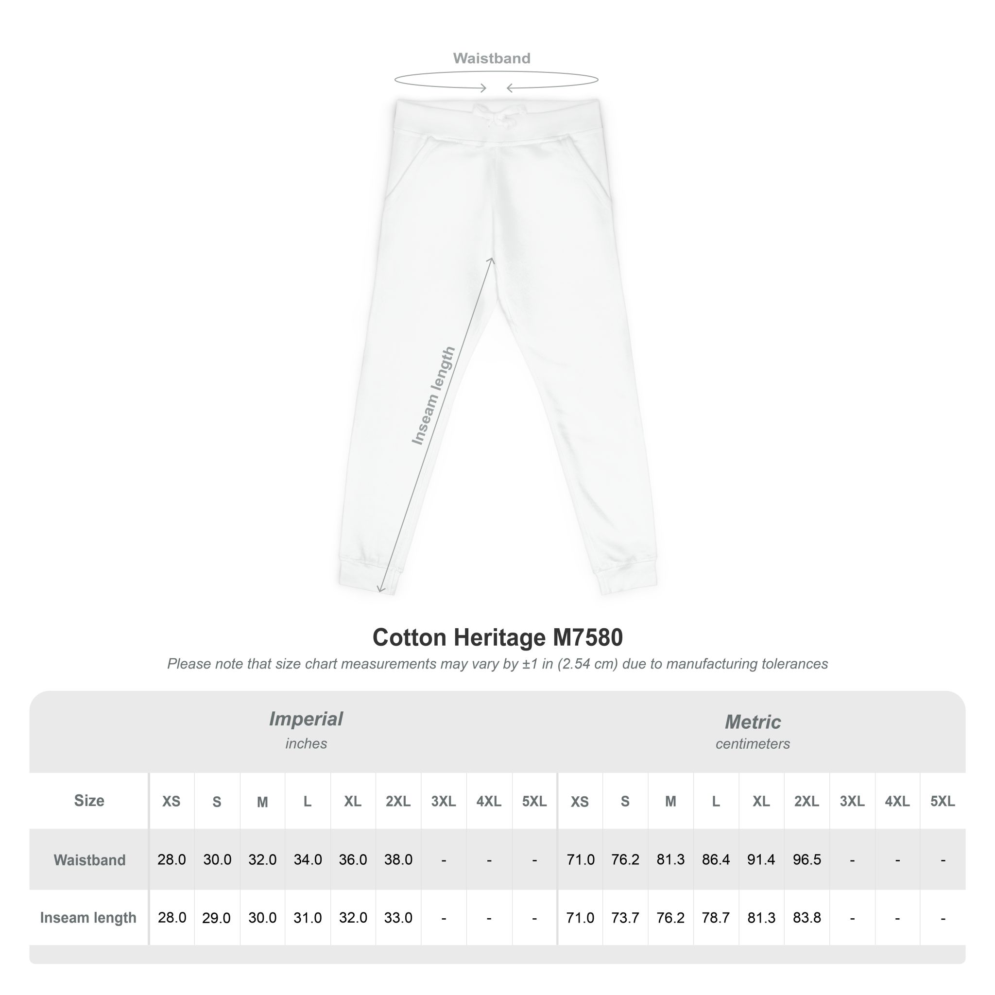 18033949533455863208_2048jpeg - Essence Innovation White Cotton Heritage pants with waistband and inseam arrows, product name Cotton Heritage M7580 shown; size chart below with imperial and metric data.