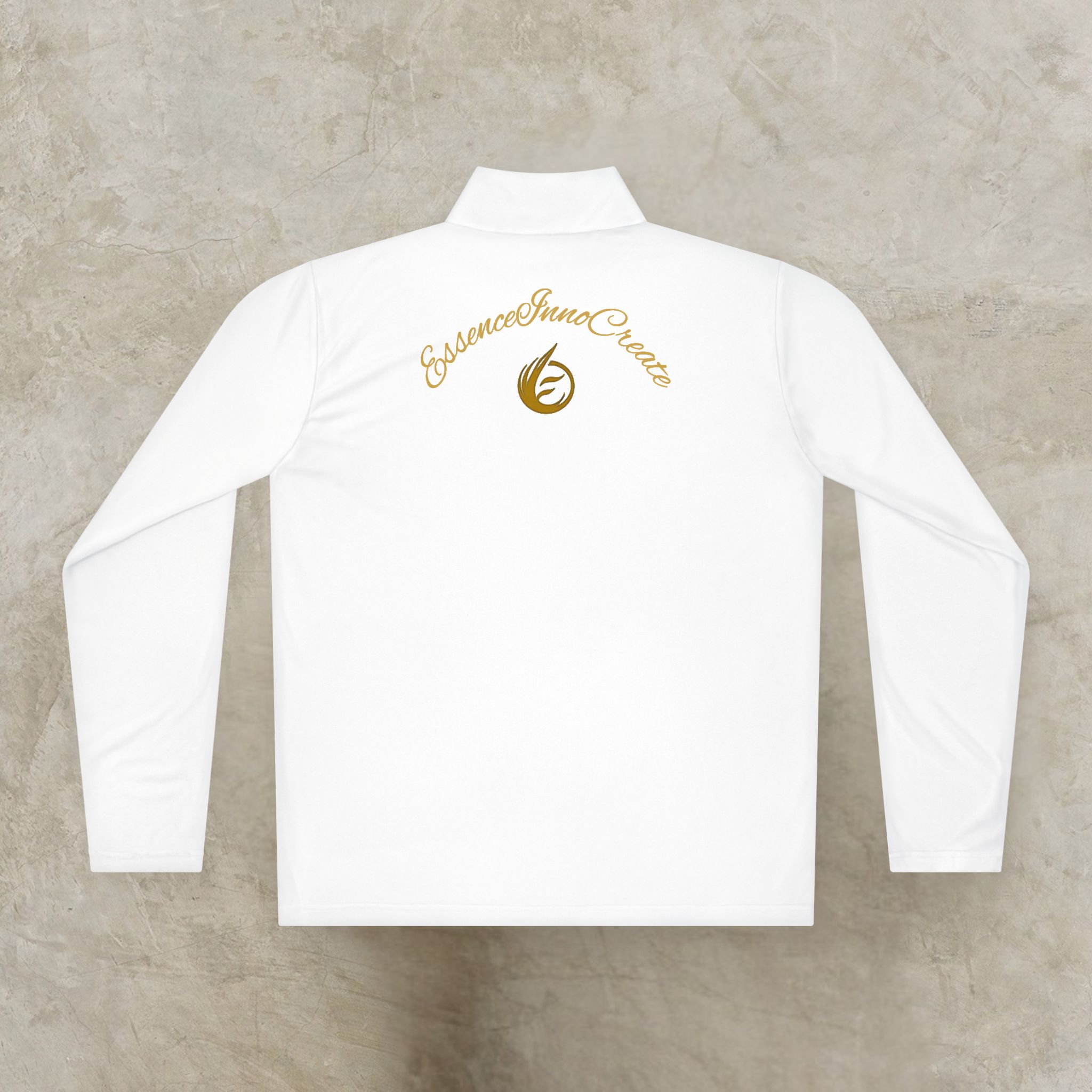 18135332519520958748_2048_customjpeg - Essence Innovation Back view of a white shirt featuring a gold circular emblem and cursive text along the top reading 'Essence Innate' (logo on the upper back).