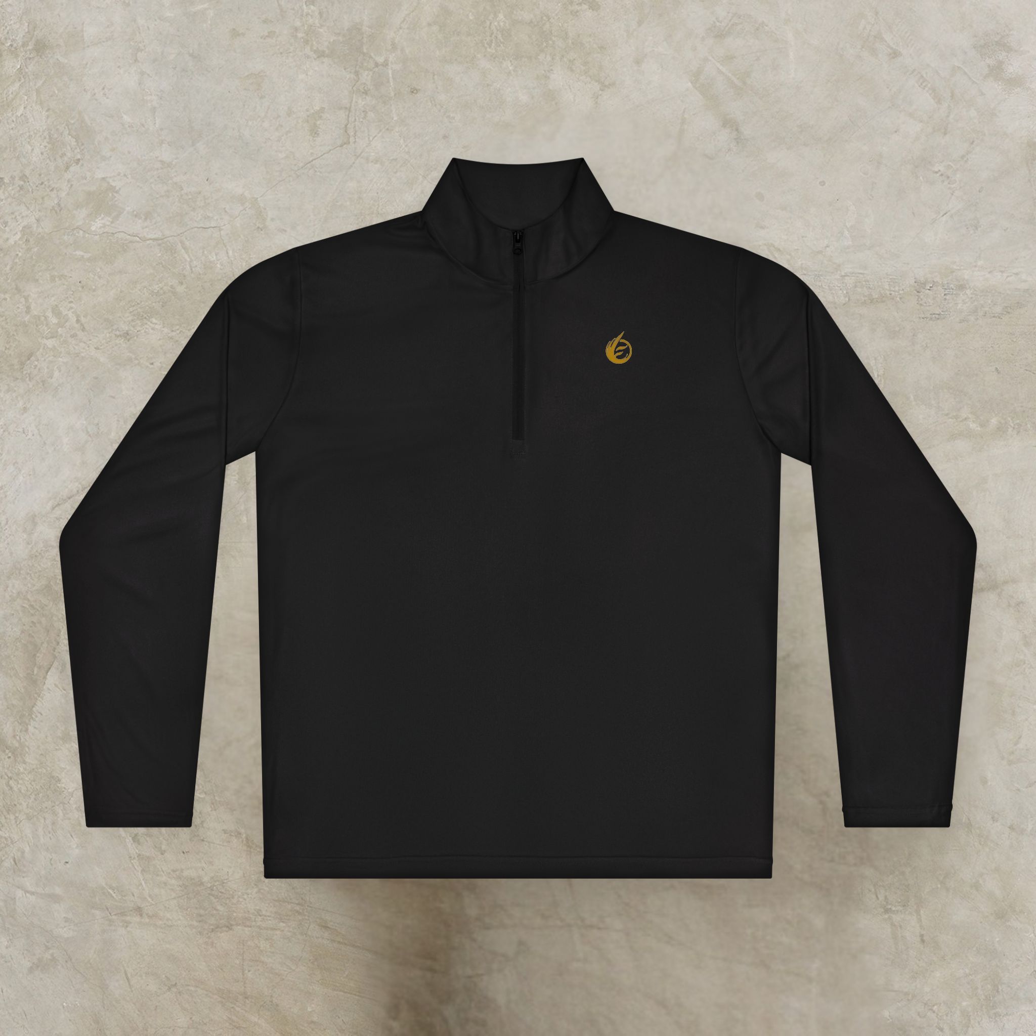 18291366132942327002_2048_customjpeg - Essence Innovation Front view of a black half-zip pullover jacket with a small gold logo on the left chest against a textured background.