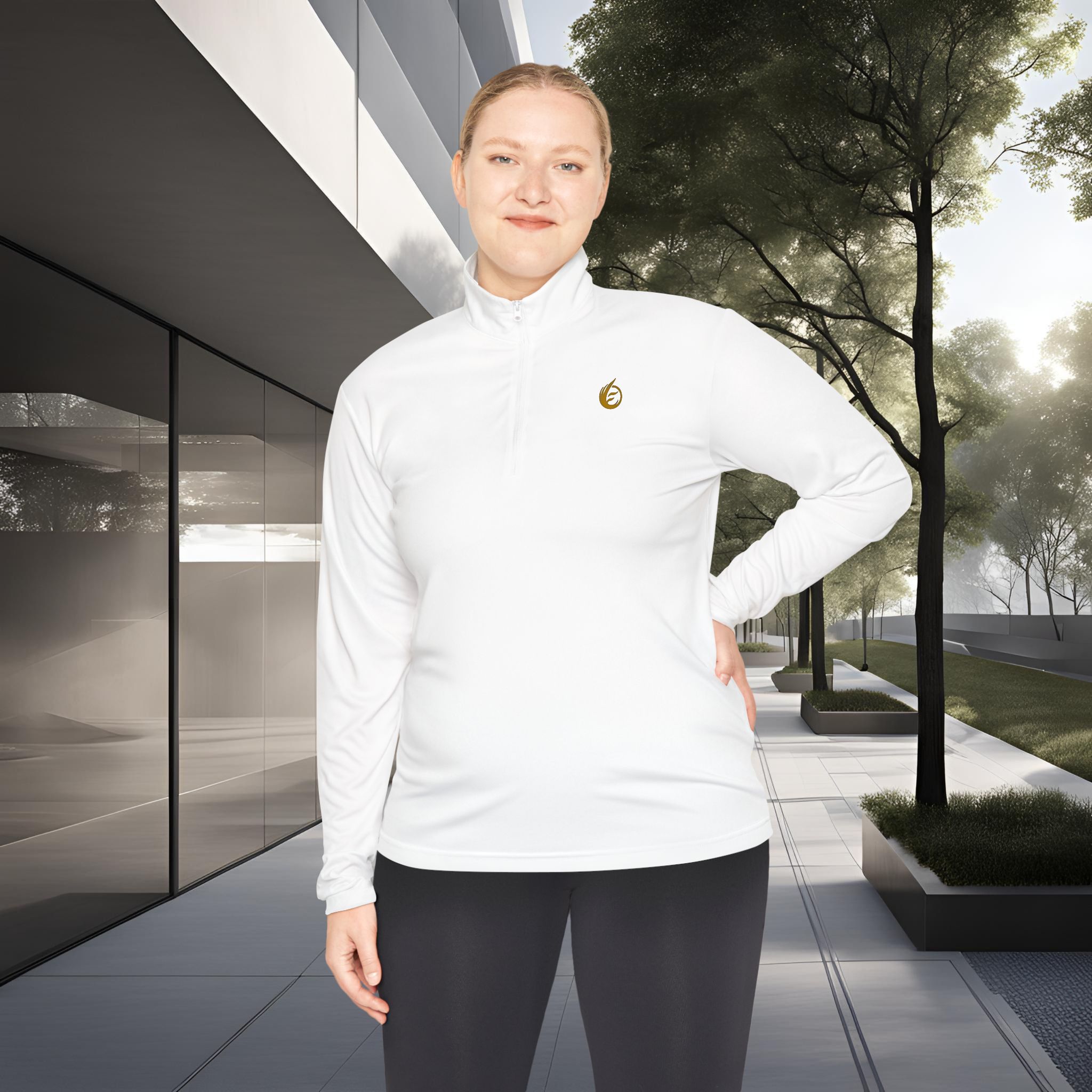 3416415592993756180_2048_customjpeg - Essence Innovation Person in a white zip-up jacket with a gold logo stands outdoors beside a modern glass building and trees.