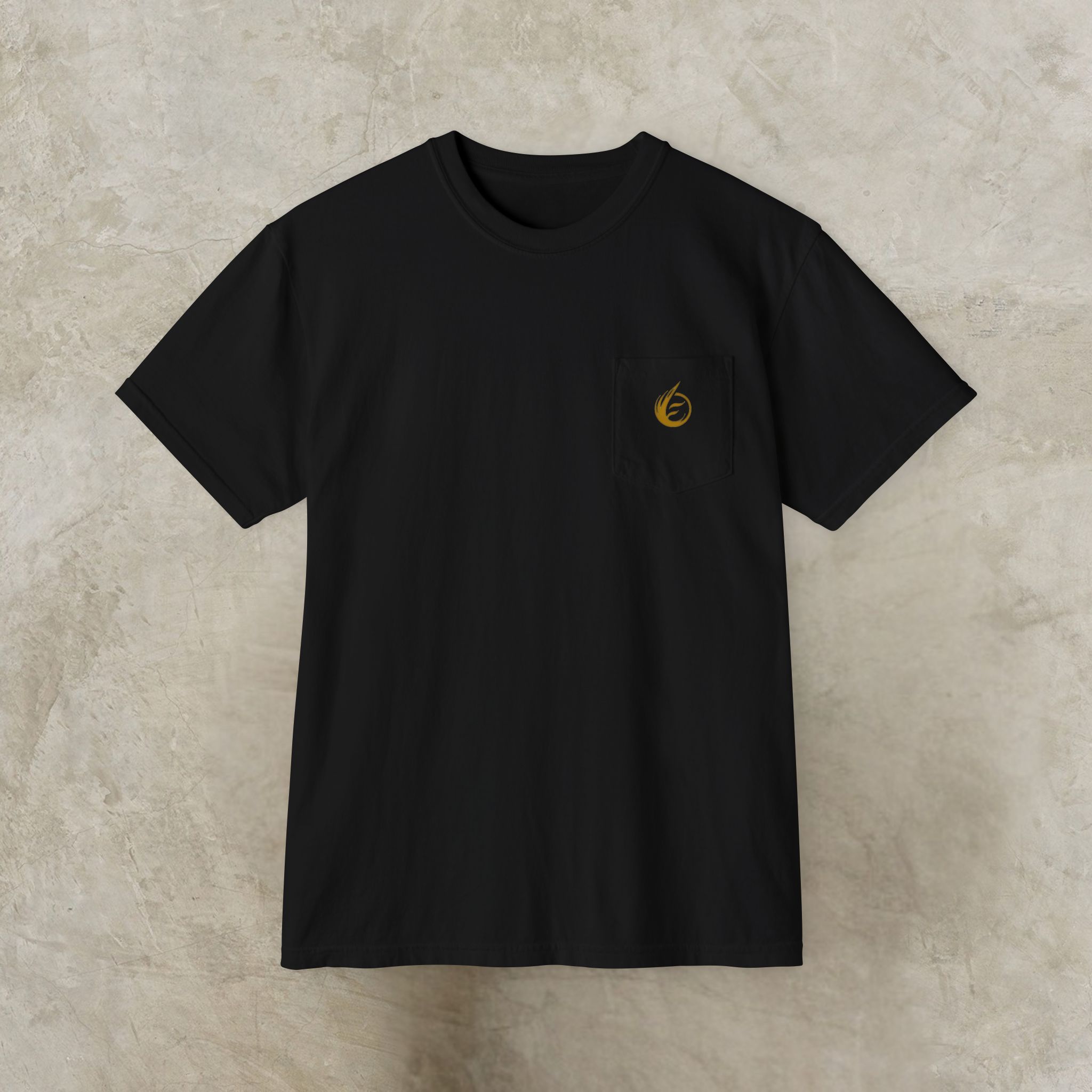 3601732486104990618_2048_customjpeg - Essence Innovation Flat lay of a black short-sleeve T-shirt with a small orange flame logo on the chest pocket area.