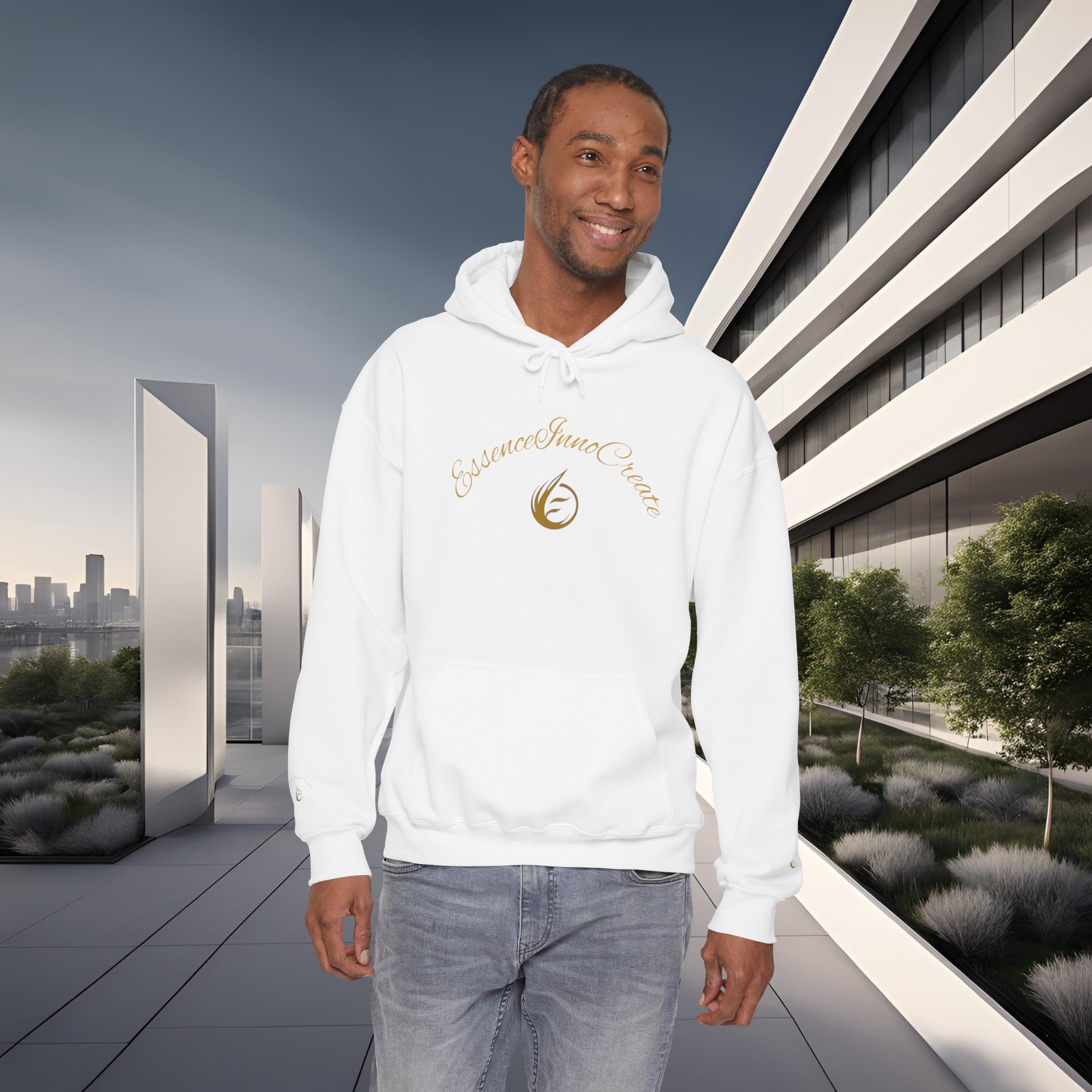 4812401765606604043_2048_customjpeg - Essence Innovation Man wearing a white hoodie and jeans stands outdoors near a modern glass building with blue sky.