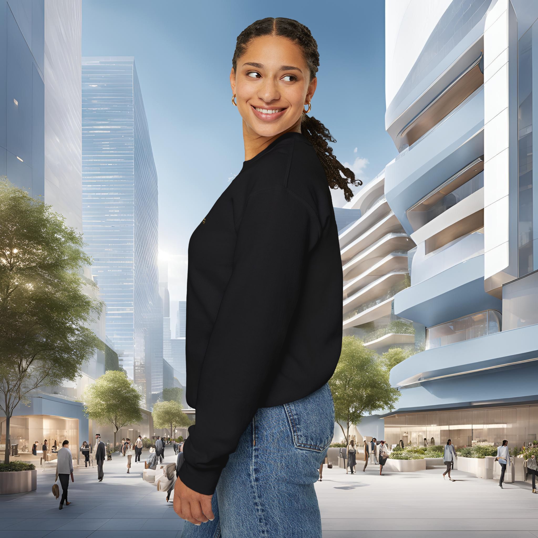 4936565598883339216_2048_customjpeg - Essence Innovation Smiling woman in a black top and jeans, standing in a modern urban plaza with glass office buildings in the background.