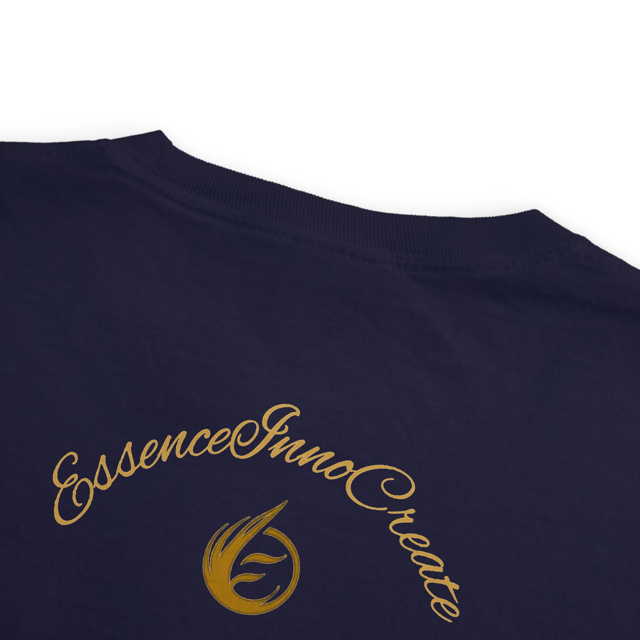 5735247008830055389_2048jpeg - Essence Innovation Close-up of dark navy fabric with gold cursive lettering along the bottom edge.