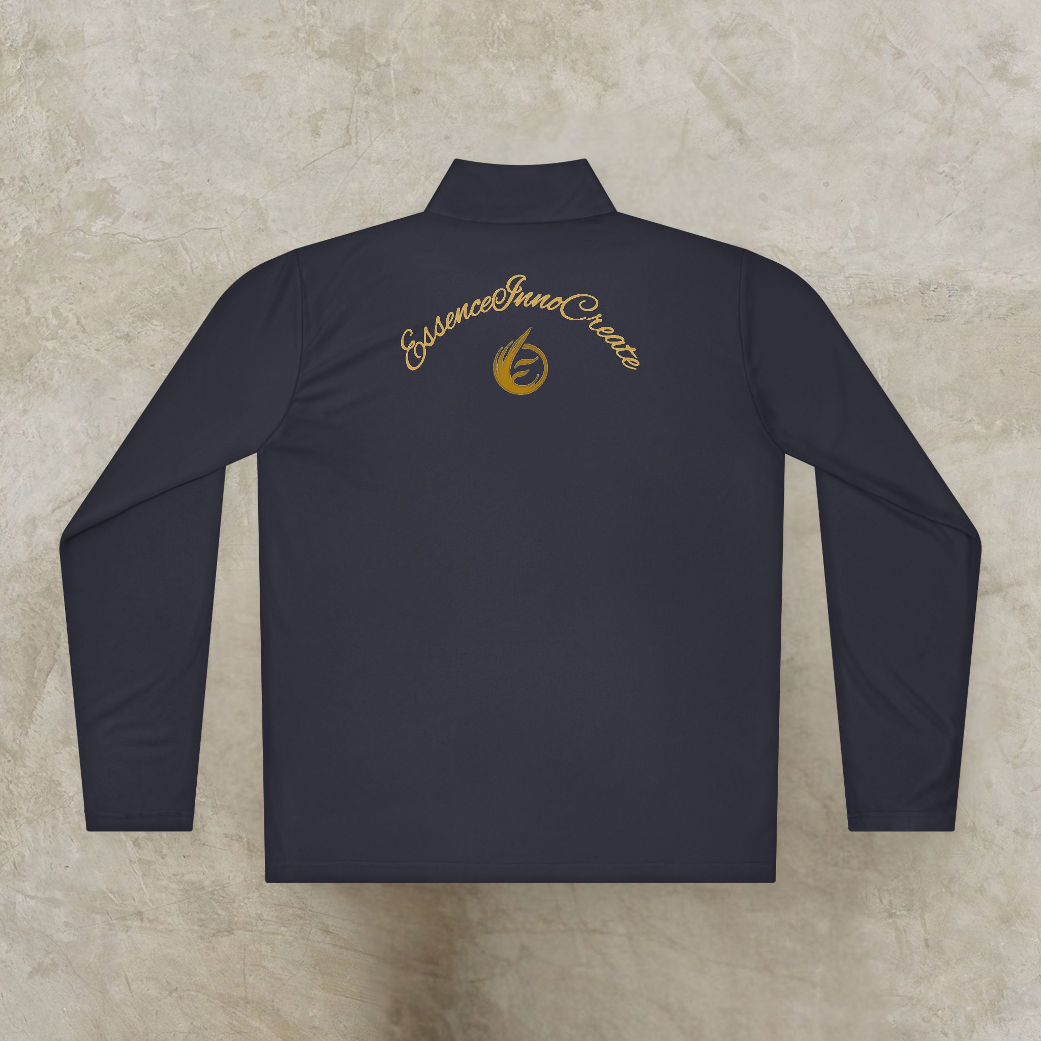 6273108336834846703_2048_customjpeg - Essence Innovation Back view of a dark navy jacket with a gold circular emblem and cursive script logo on the upper back area