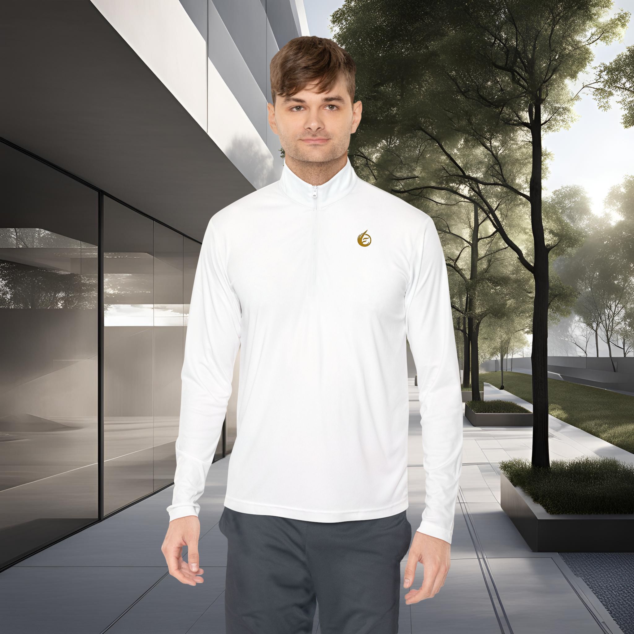 6300289561712420133_2048_customjpeg - Essence Innovation Young man in a white athletic top stands outdoors in front of a modern glass building with trees in the background.