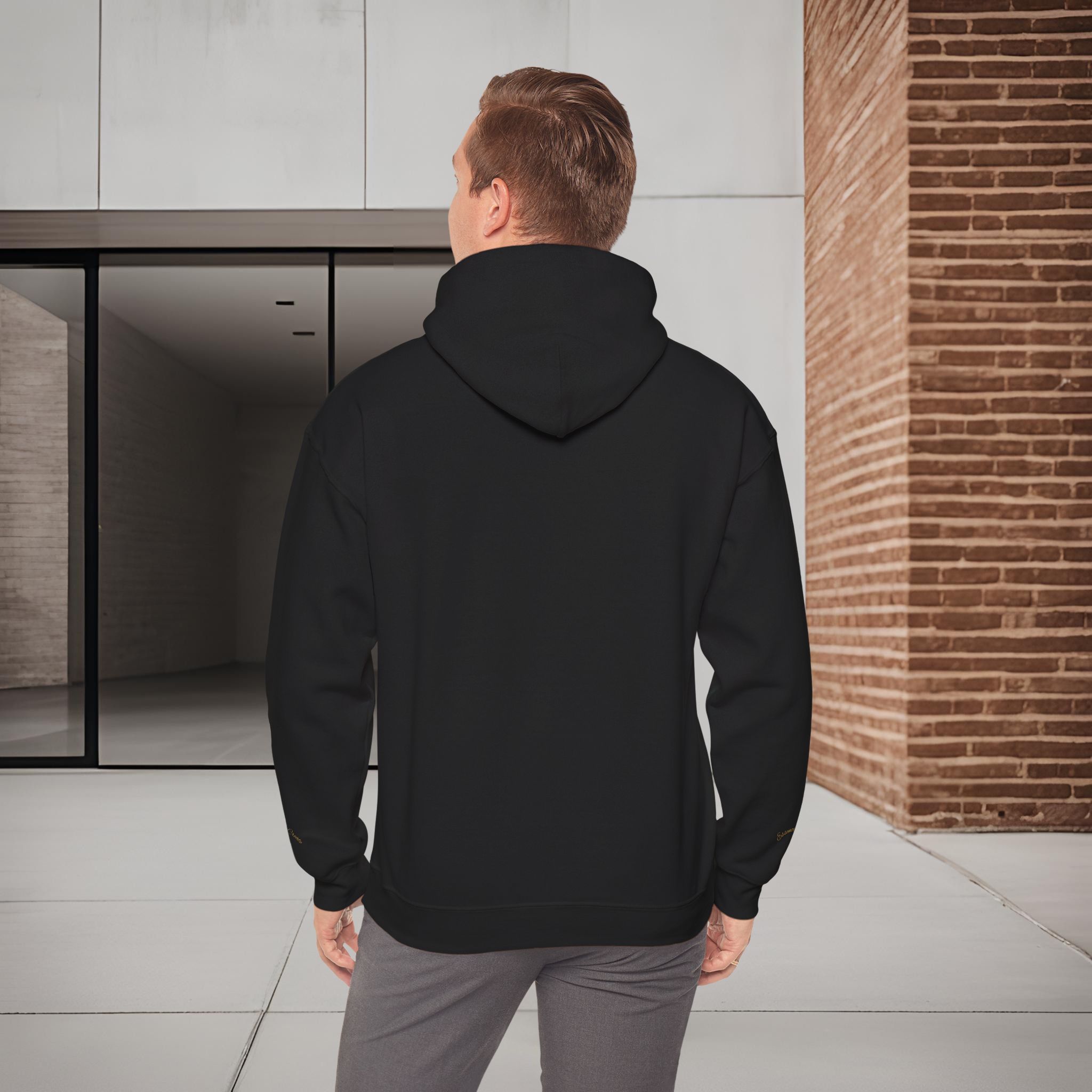 6850227317010639657_2048_customjpeg - Essence Innovation Person wearing a black hoodie jacket seen from behind, standing at a glass doorway with brick wall on the right side.