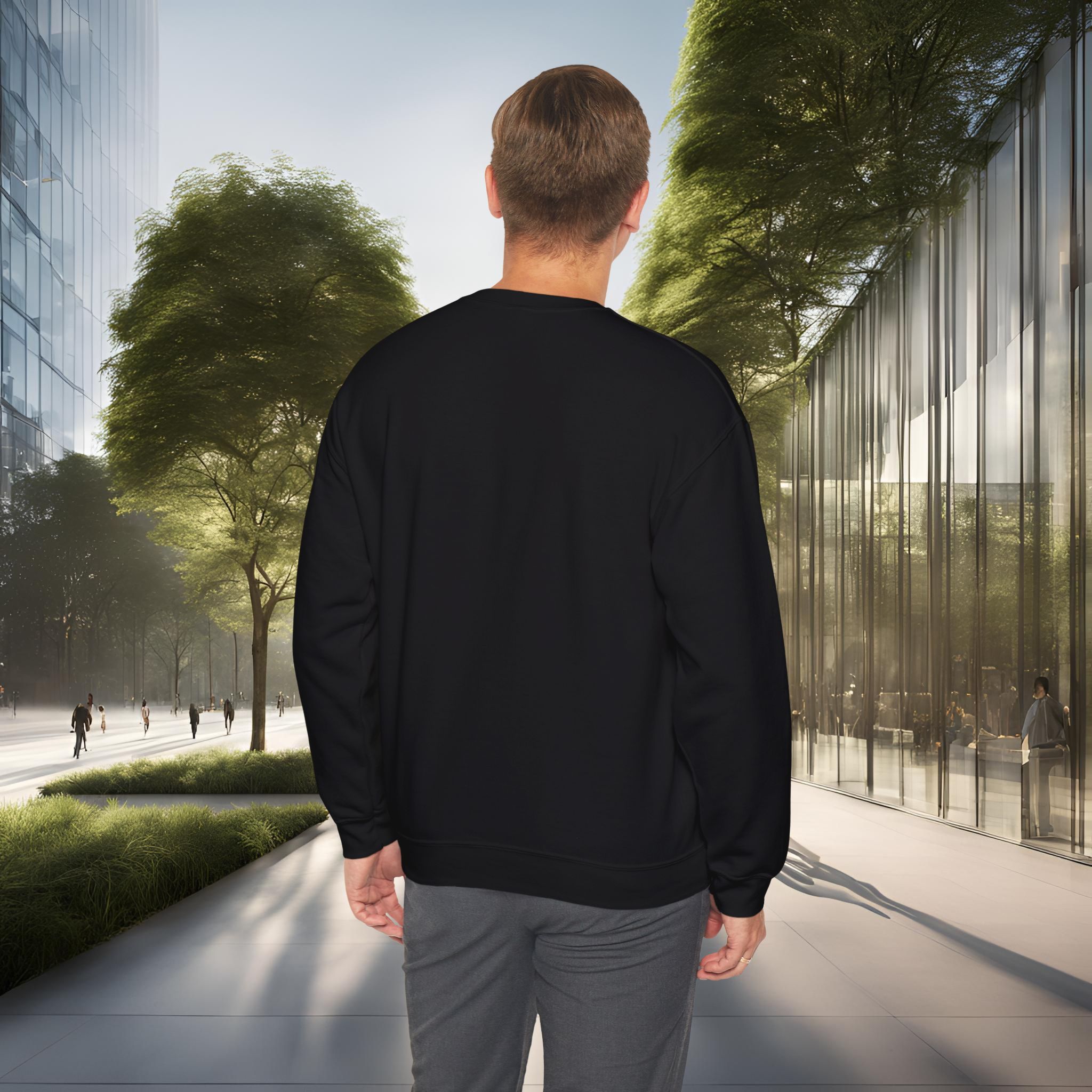7817307758061019249_2048_customjpeg - Essence Innovation Person seen from behind, wearing a black top and gray pants, standing in a modern urban plaza with glass buildings and trees on both sides