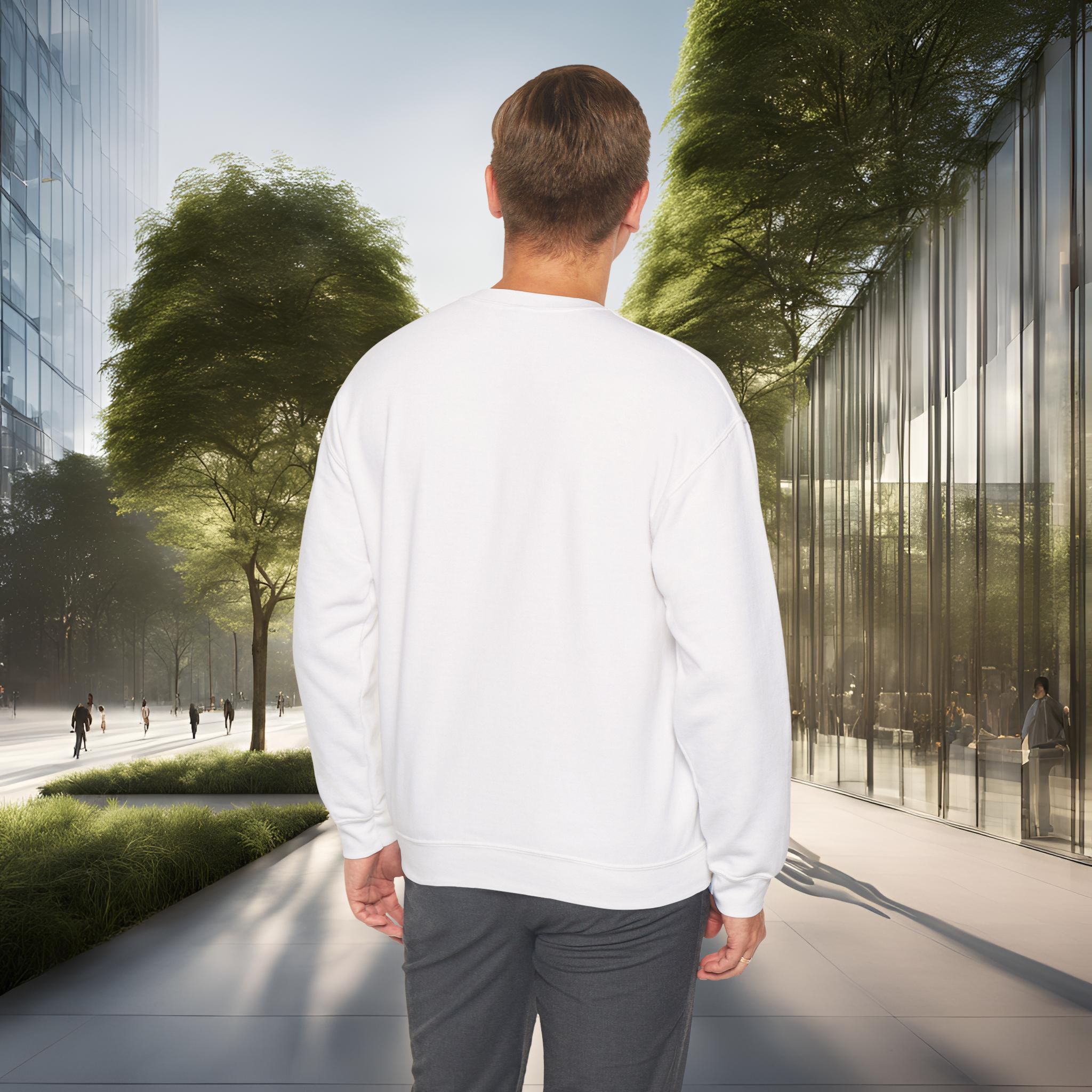 7936496964158609842_2048_customjpeg - Essence Innovation Person seen from behind wearing a white shirt in a modern urban plaza with glass buildings and trees on either side