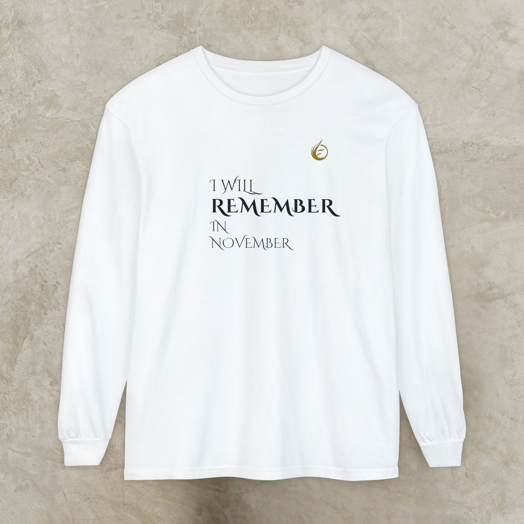 8346602527948505630_2048_customjpeg - Essence Innovation White sweatshirt with a small gold flame logo on the left chest and black text printed below.