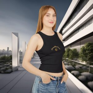 8704715687113480869_2048_customjpeg - Essence Innovation Minimal women’s ribbed crop tank. Portrait of a smiling woman in a black sleeveless top and jeans, standing in a modern urban plaza.