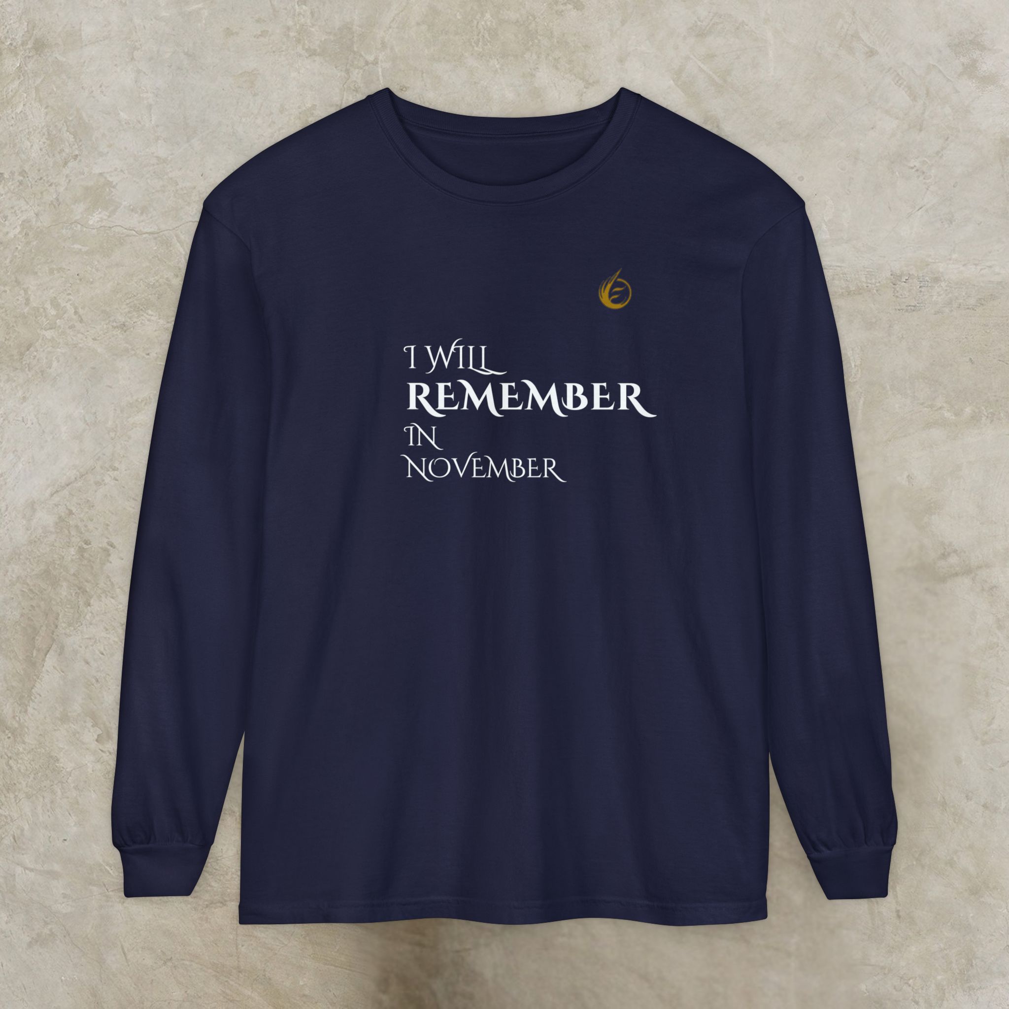 8750762798067088105_2048_customjpeg - Essence Innovation Navy sweatshirt with white scripted text along the front reading 'I WILL REMEMBER IN NOVEMBER' and a small gold emblem on the chest.