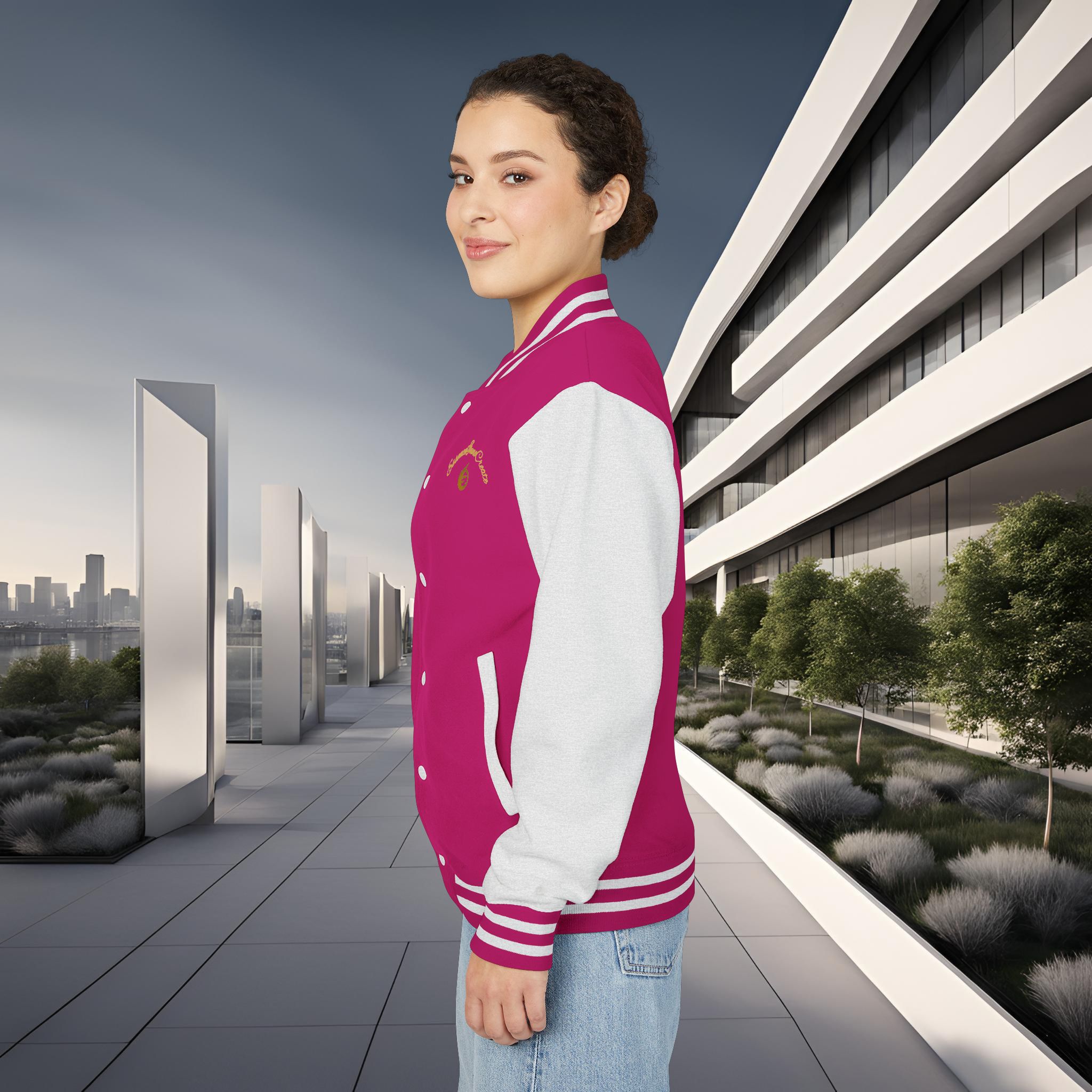 8850233852187788792_2048_customjpeg - Essence Innovation Person wearing a pink and white varsity jacket stands outdoors beside a modern glass building with a city skyline in the distance.