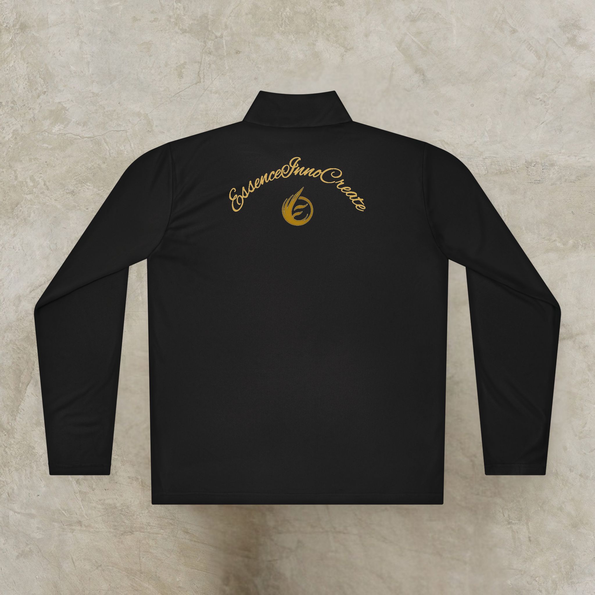 9175802552275087027_2048_customjpeg - Essence Innovation Back view of a black jacket with a gold cursive logo reading 'Essence Innate' and a gold emblem on the upper back, high collar visible.