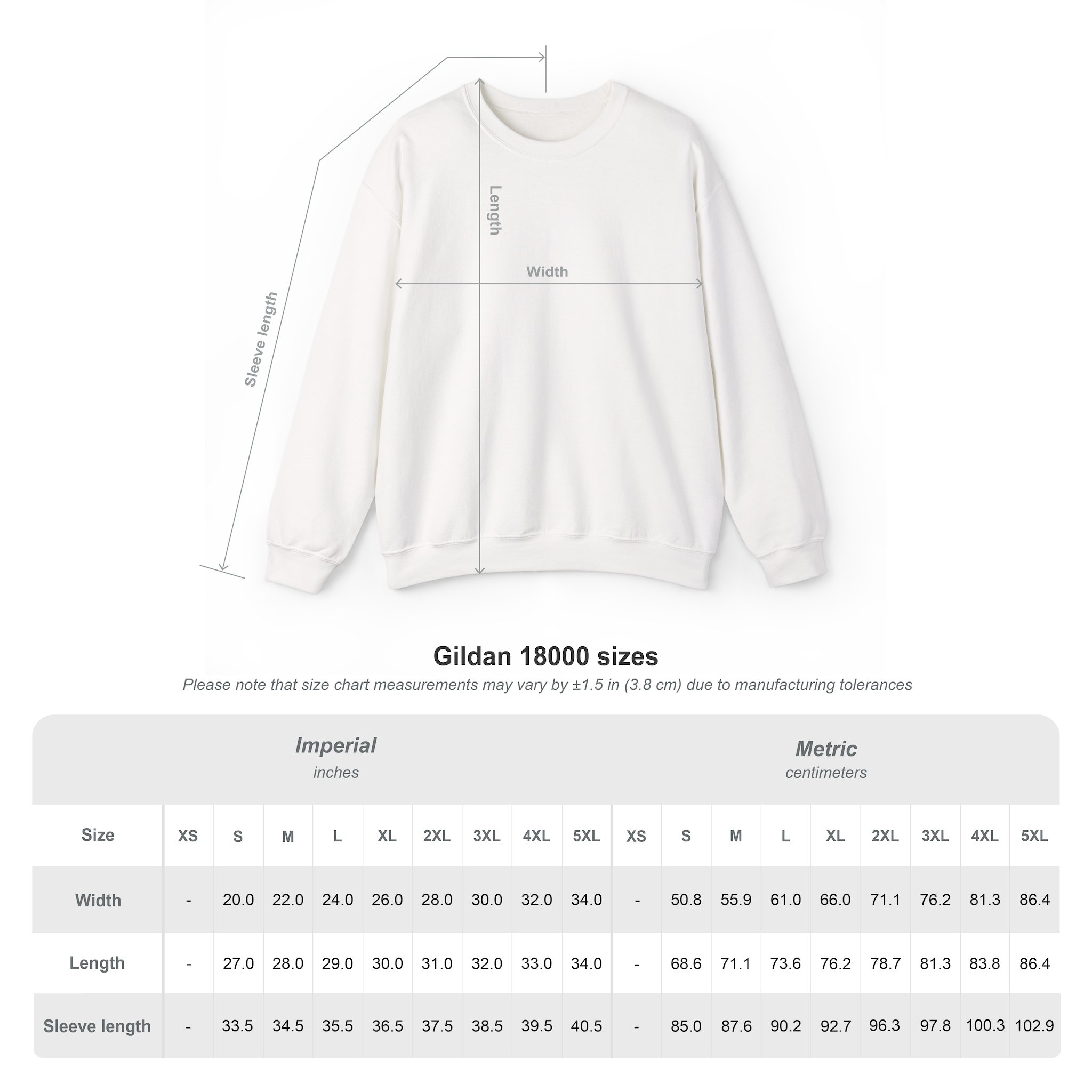 9847595533313972655_2048jpeg - Essence Innovation Size chart for Gildan 18000 sweatshirt showing width, length, and sleeve length with imperial and metric measurements from XS to 5XL/2XL etc.