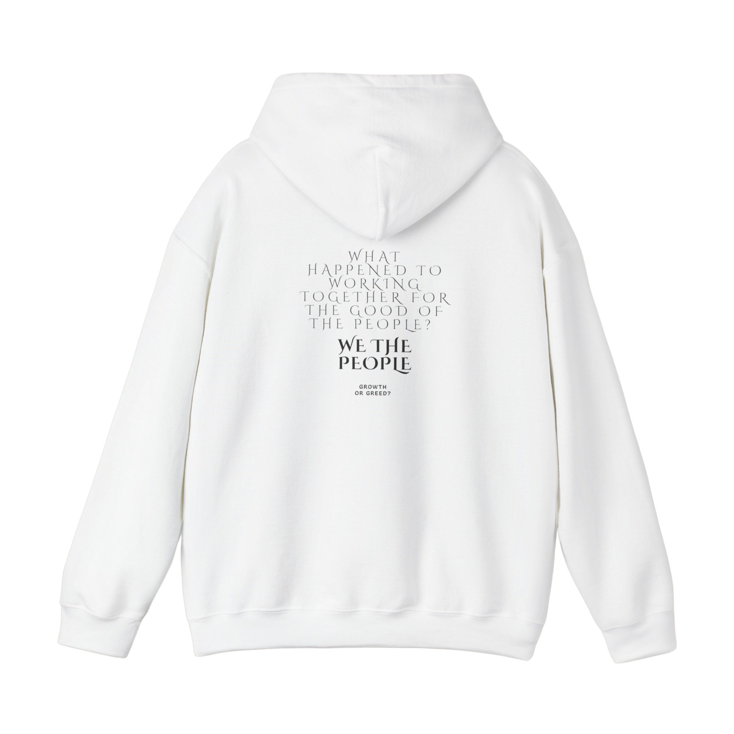 S0073 - Essence Innovation Back view of a white hoodie with black text printed on the lower back.