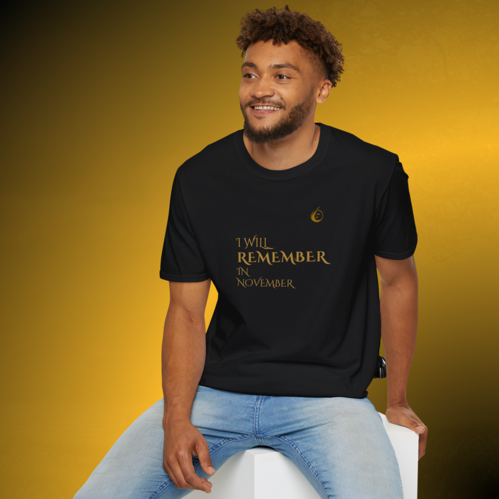 I Will Remember In November T-Shirt Lifestyle | EssenceInnoCreate® - Essence Innovation Model wearing a black I Will Remember In November statement T-shirt by EssenceInnoCreate®