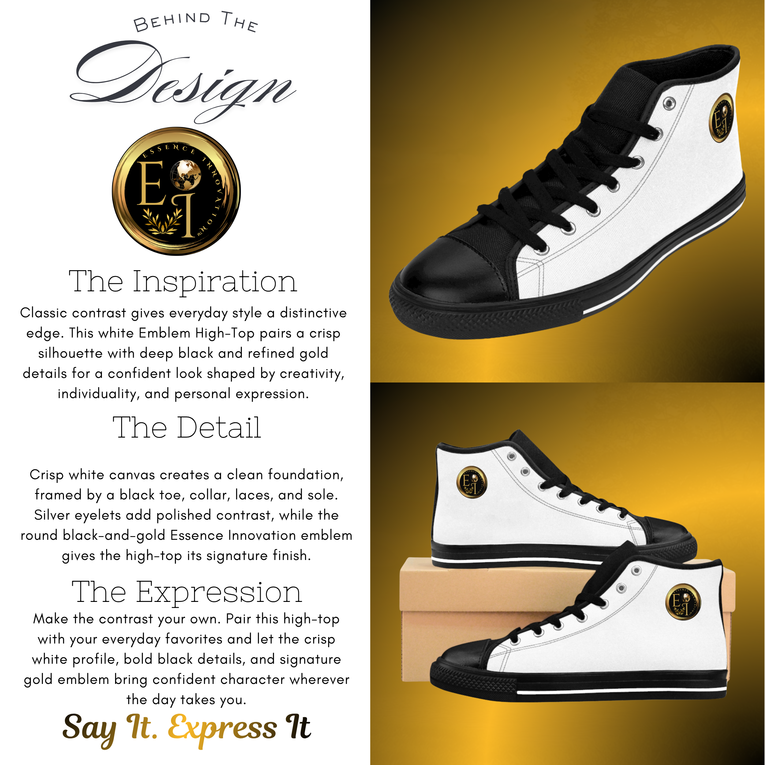 BTD-0072-Mens Emblem High-Top White Sneakers VI - Essence Innovation Men's Emblem High-Top White Sneakers VI | Arctic White Crest Edition