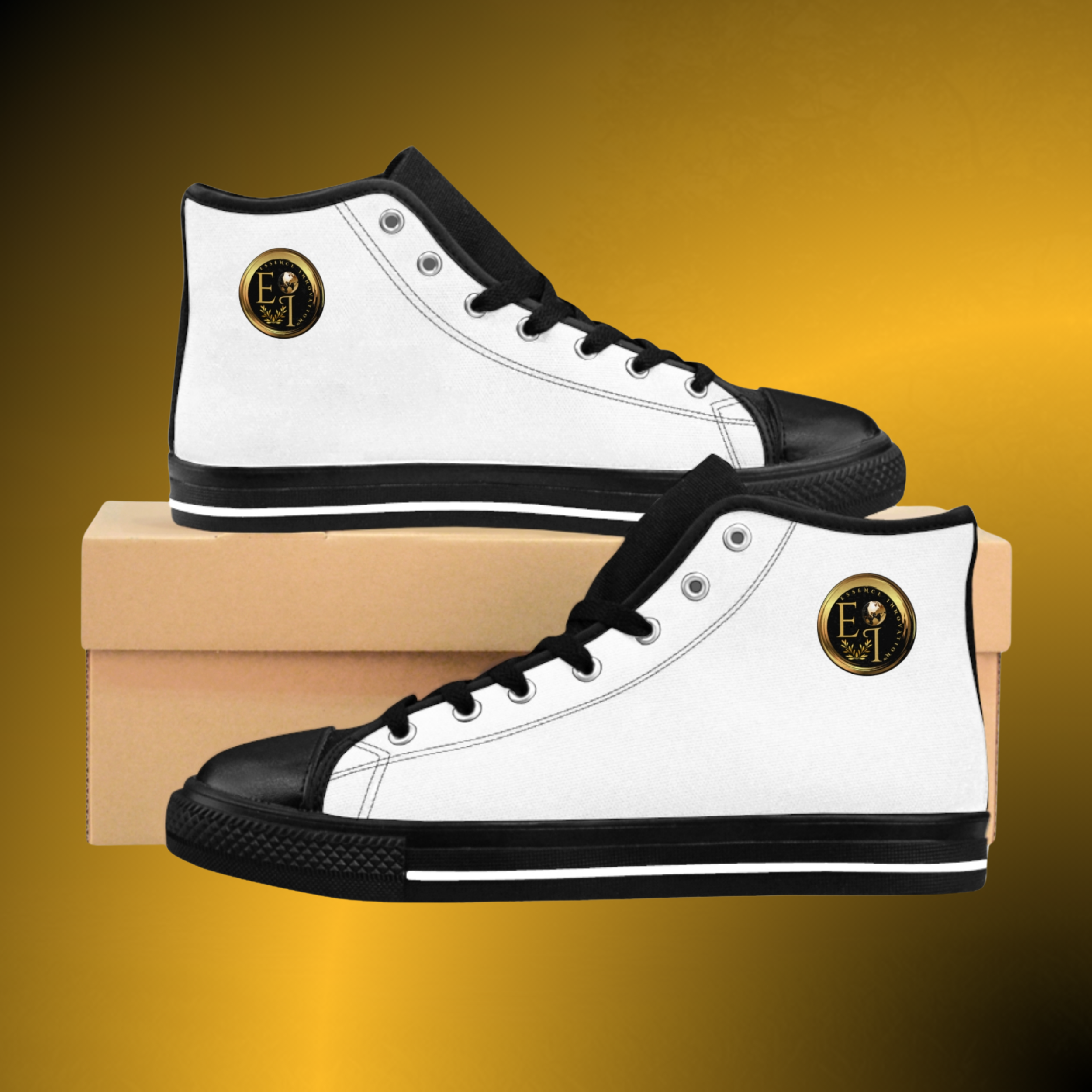 SH0033 - Essence Innovation Men's Emblem High-Top White Sneakers VI | Arctic White Crest Edition on a shoe box