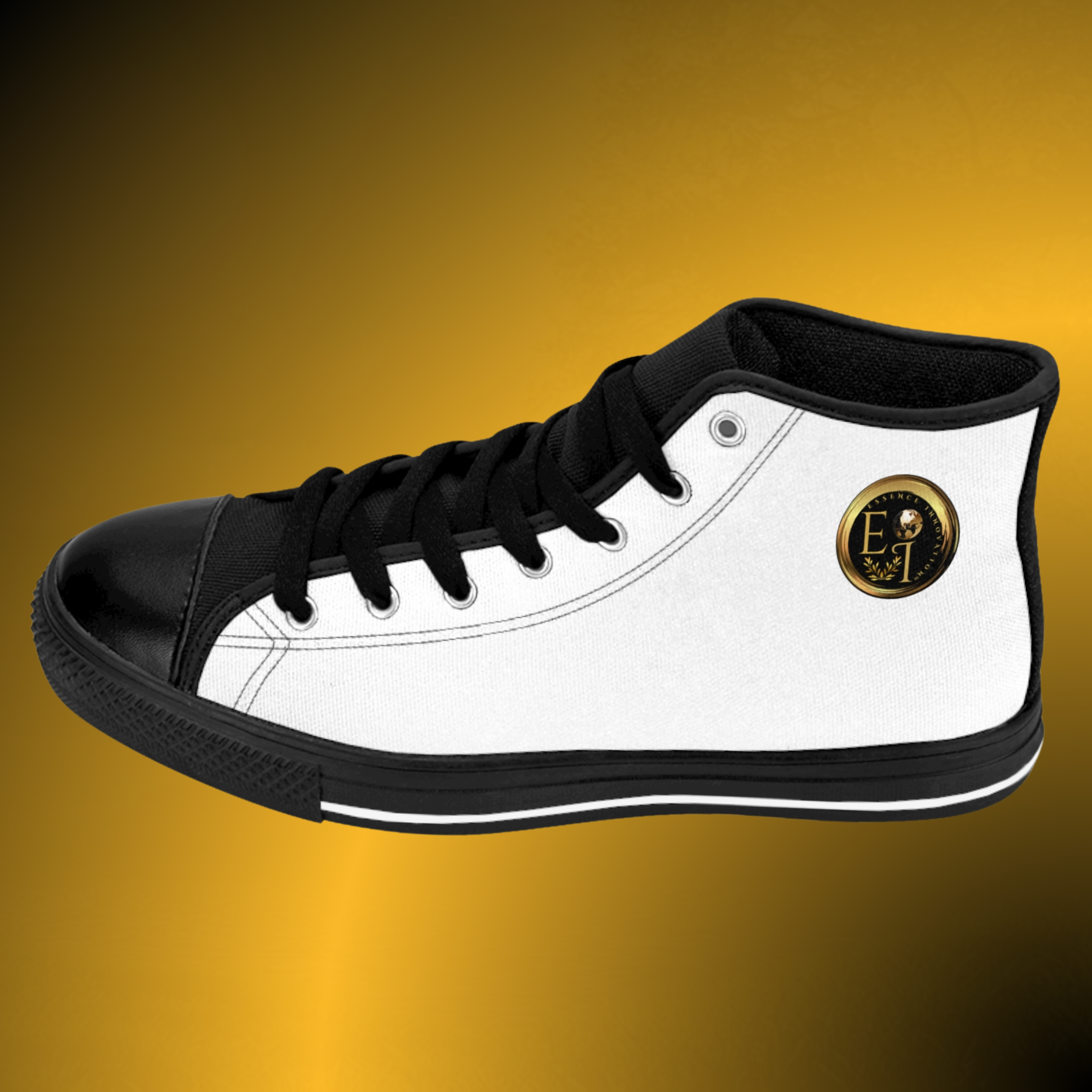 SH0035 - Essence Innovation Close-up of a white and black sneaker with laces, set against a gold gradient background.