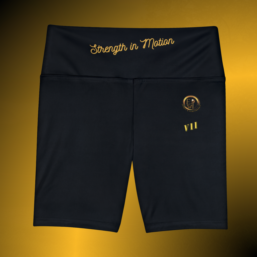 Black athletic shorts waistband with gold script reading 'Strength in Motion' against a warm gradient background with a small emblem on the right hip area.