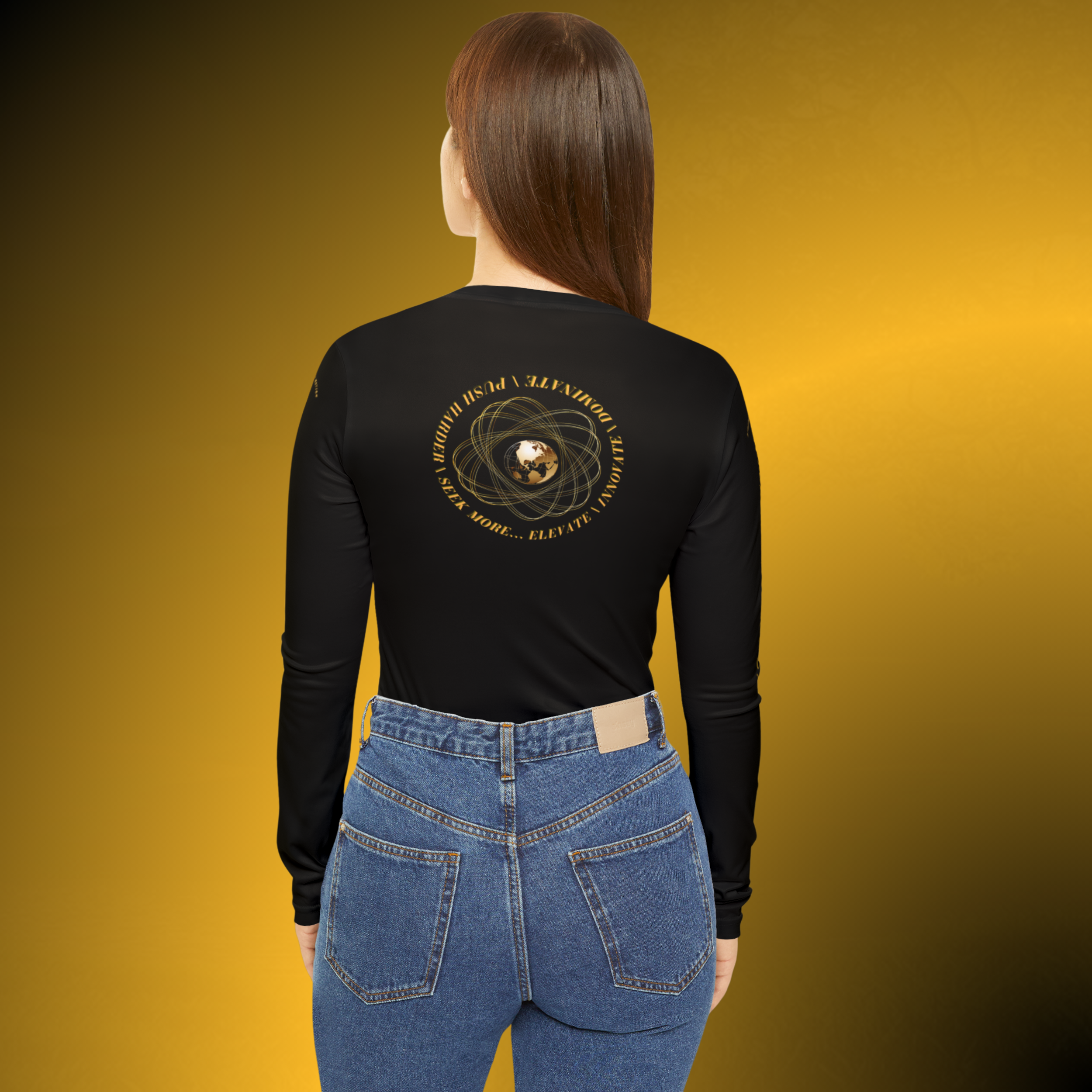 L0353 - Essence Innovation Back view of person wearing a black long-sleeve shirt with a gold circular graphic on the back, and blue jeans, against a gold gradient backdrop.