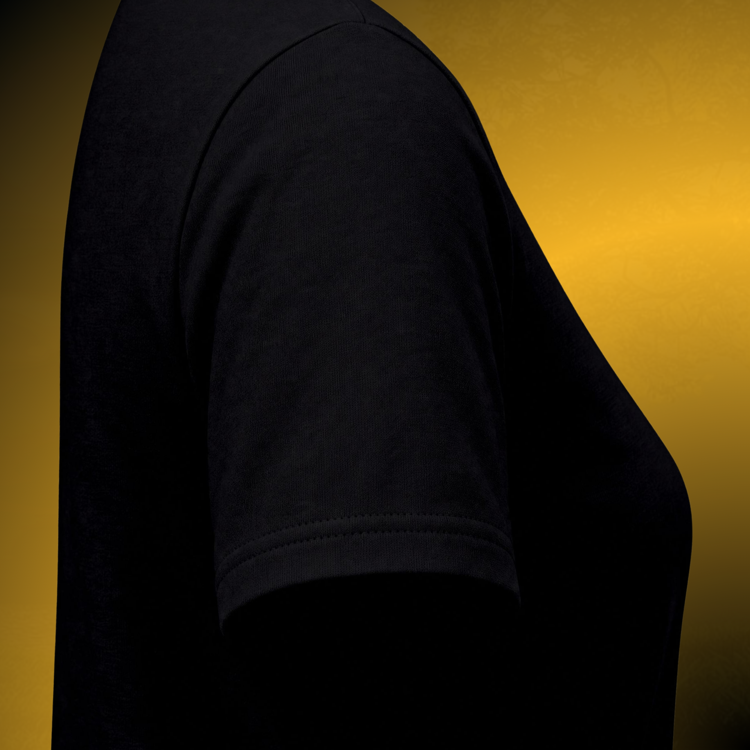 T0283 - Essence Innovation Close-up of a black garment (t-shirt/sweater) with a gold gradient background showing the shoulder seam area.