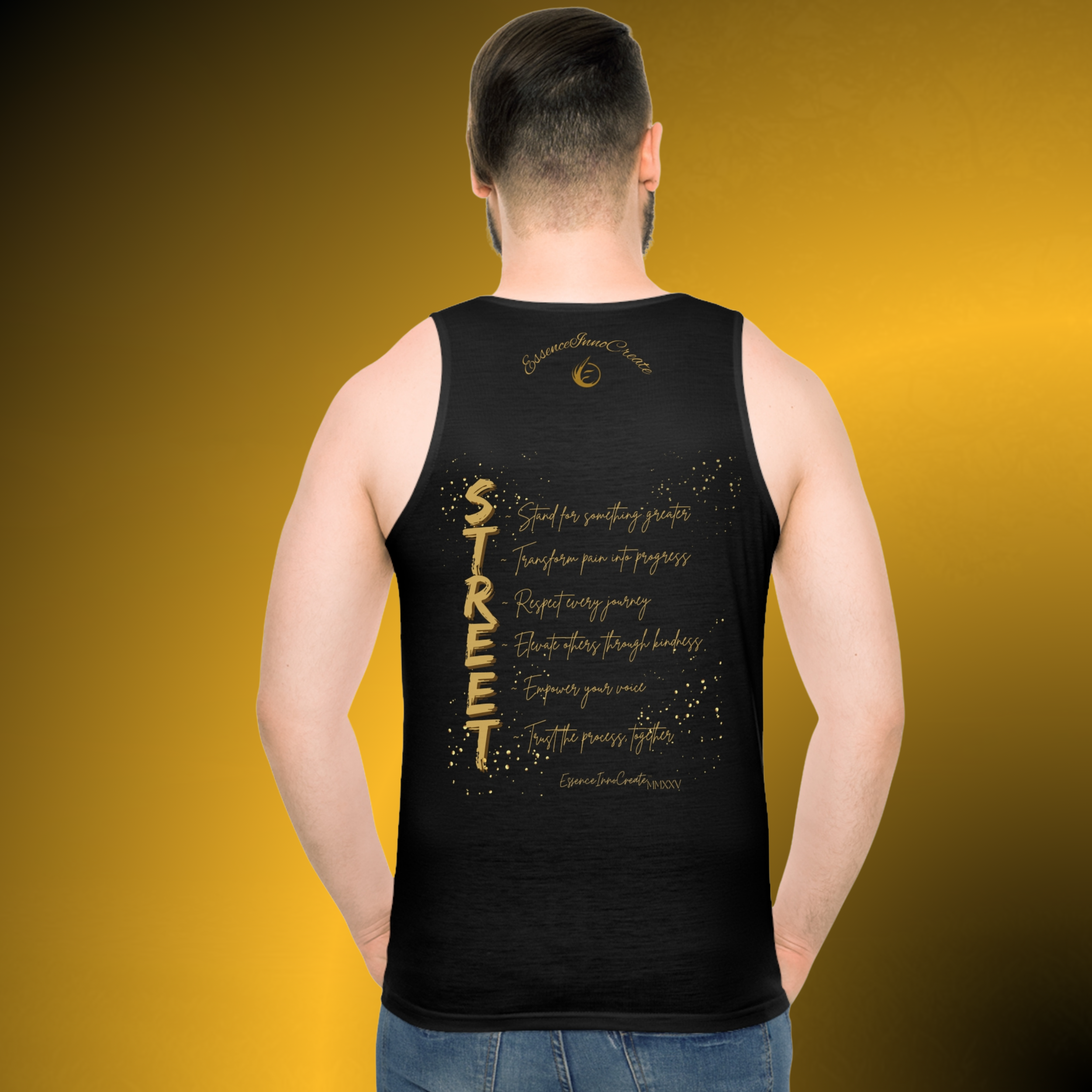 T0768 - Essence Innovation Back view of a person wearing a black sleeveless shirt with gold lettering on the back against a gold gradient background.