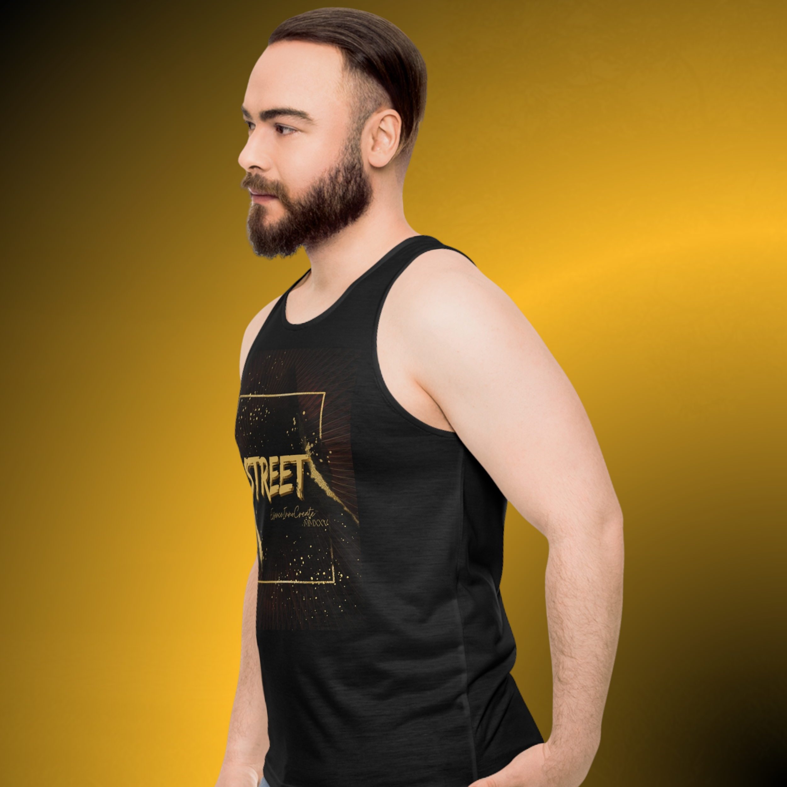 T0770 - Essence Innovation Side profile of a bearded man facing left wearing a black sleeveless shirt against a gold gradient background.