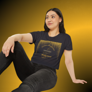 T0471 - Essence Innovation Woman sitting wearing a Design Meets Soul Crop Top | One Life Collection | Essence Innovation®